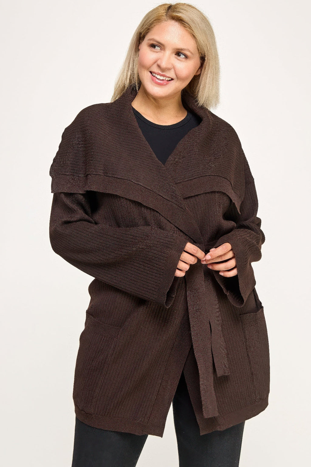 Ribbed Wrap Cardigan With Waist Belt