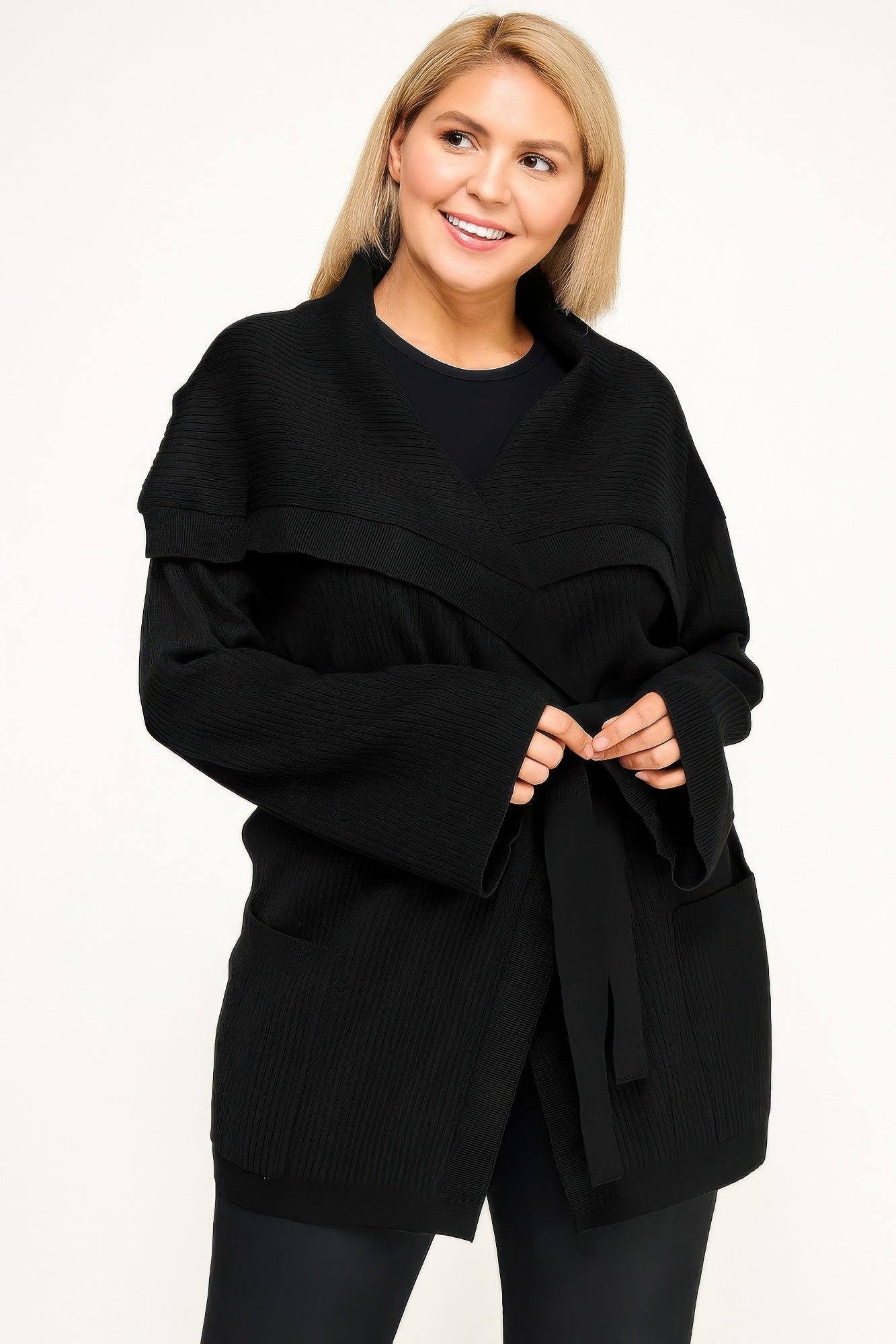 Ribbed Wrap Cardigan With Waist Belt