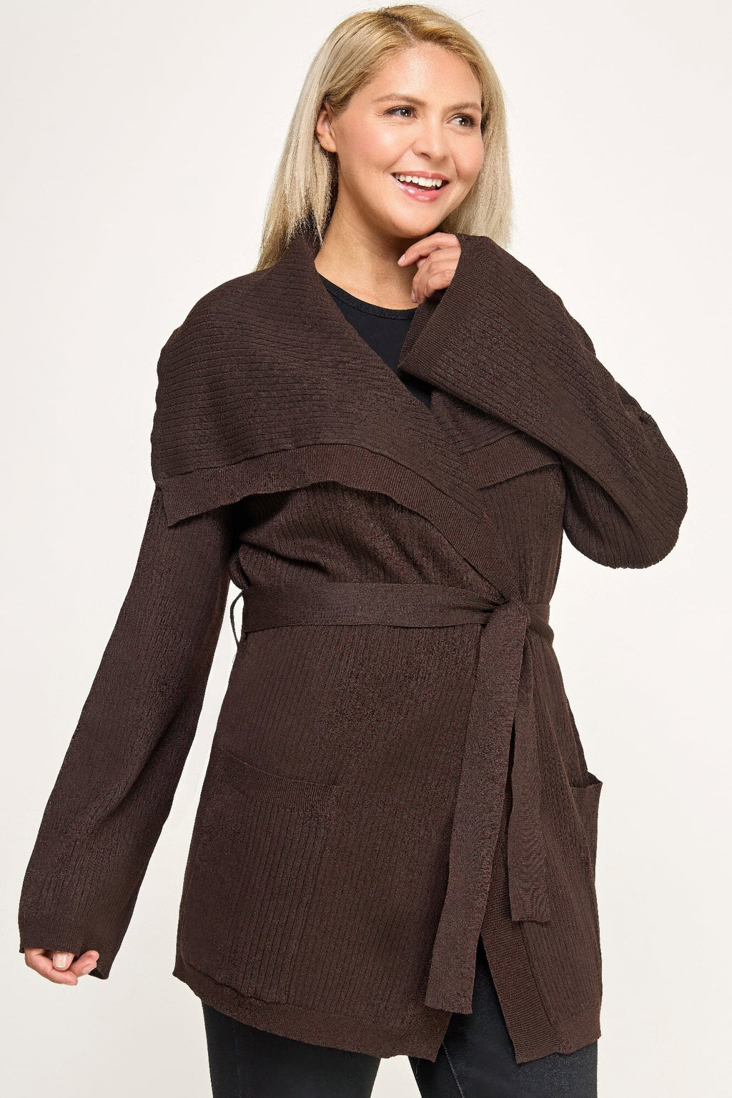 Ribbed Wrap Cardigan With Waist Belt