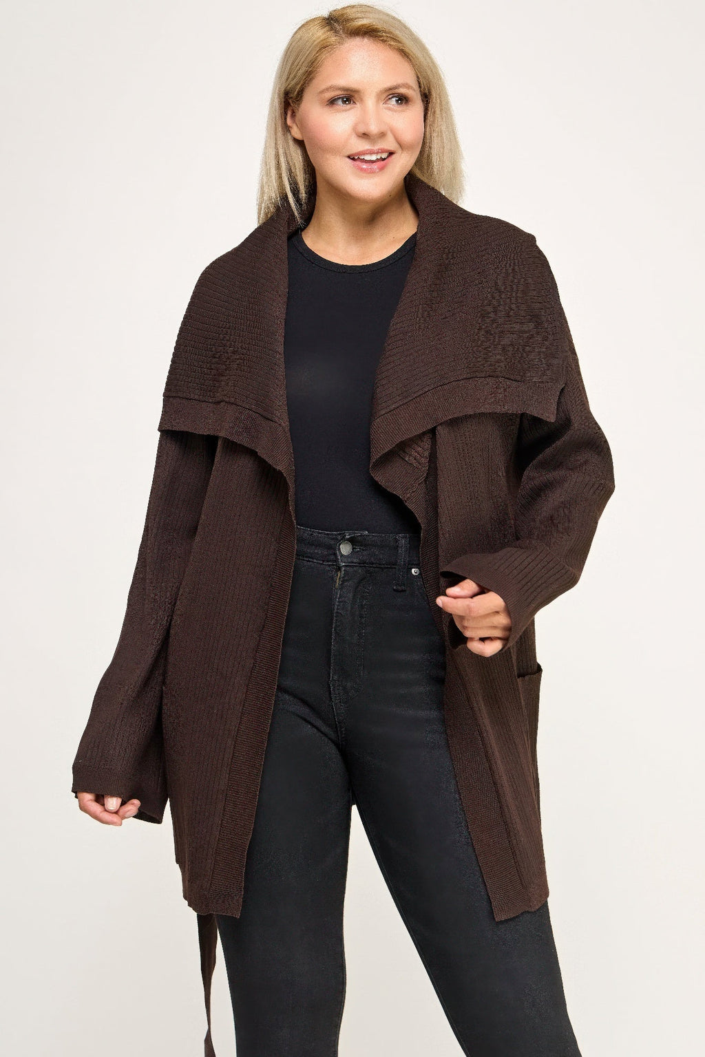 Ribbed Wrap Cardigan With Waist Belt