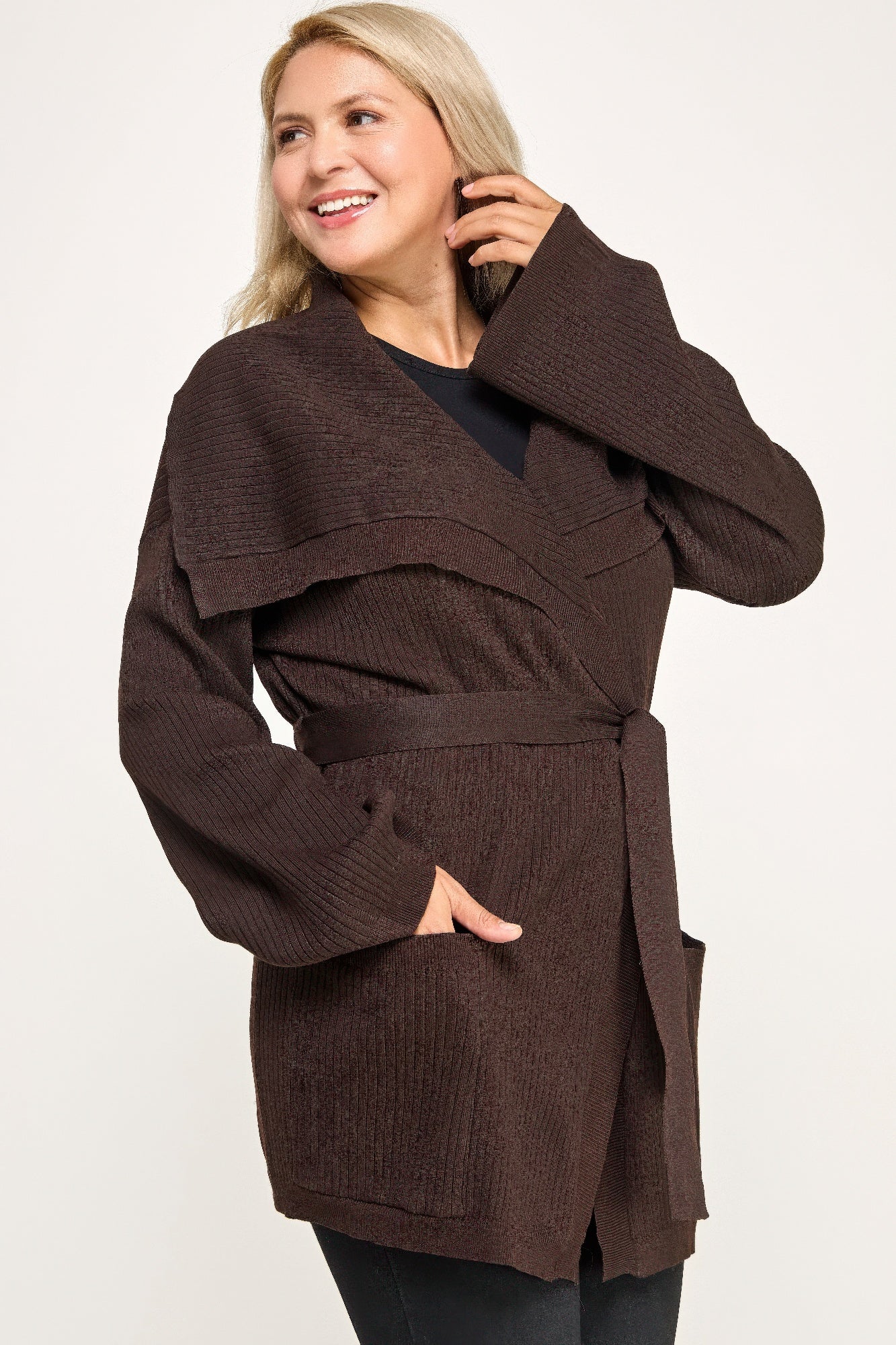 Ribbed Wrap Cardigan With Waist Belt