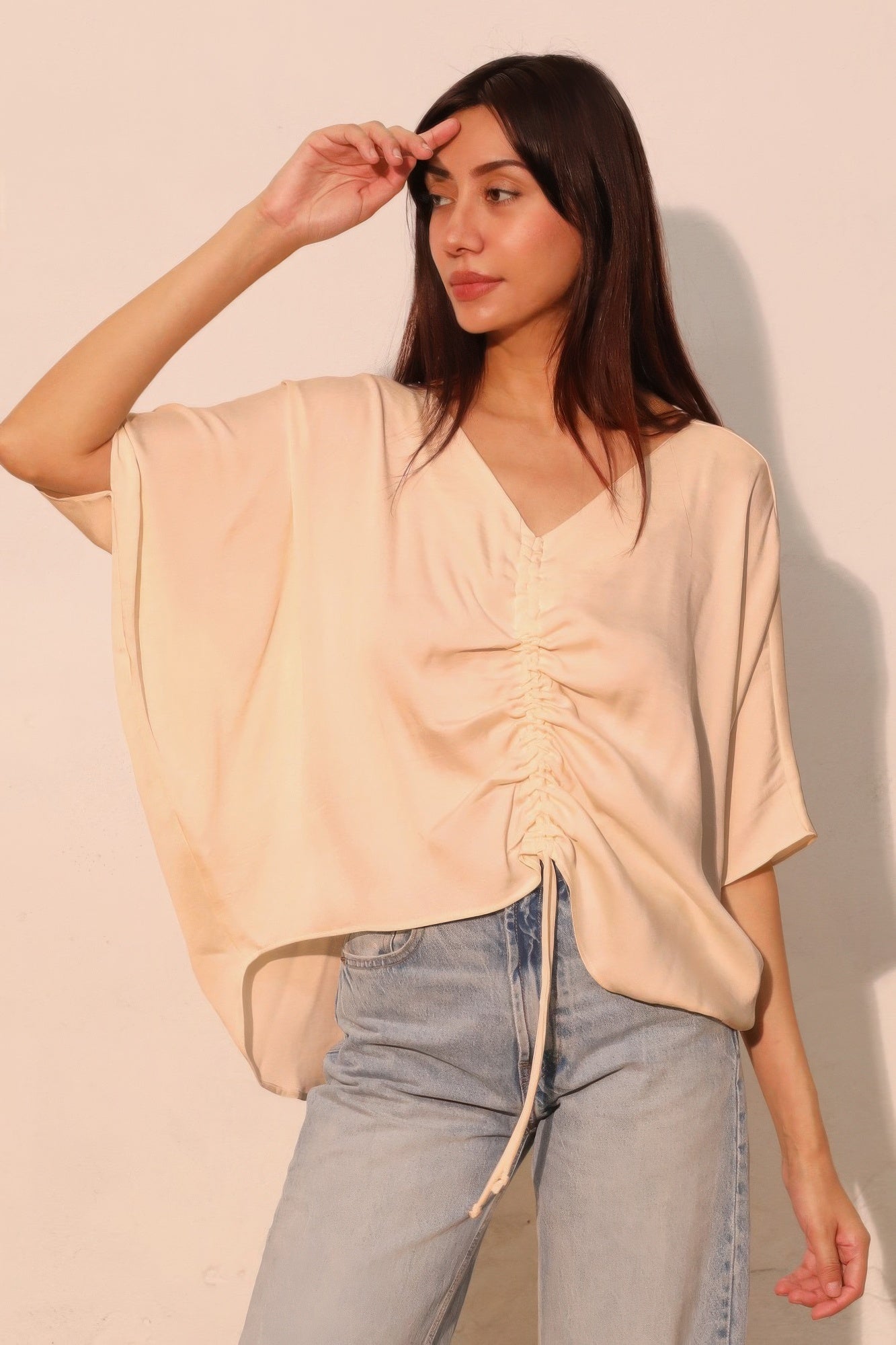 Washed Poly Silk Drawstring Dolman Top
