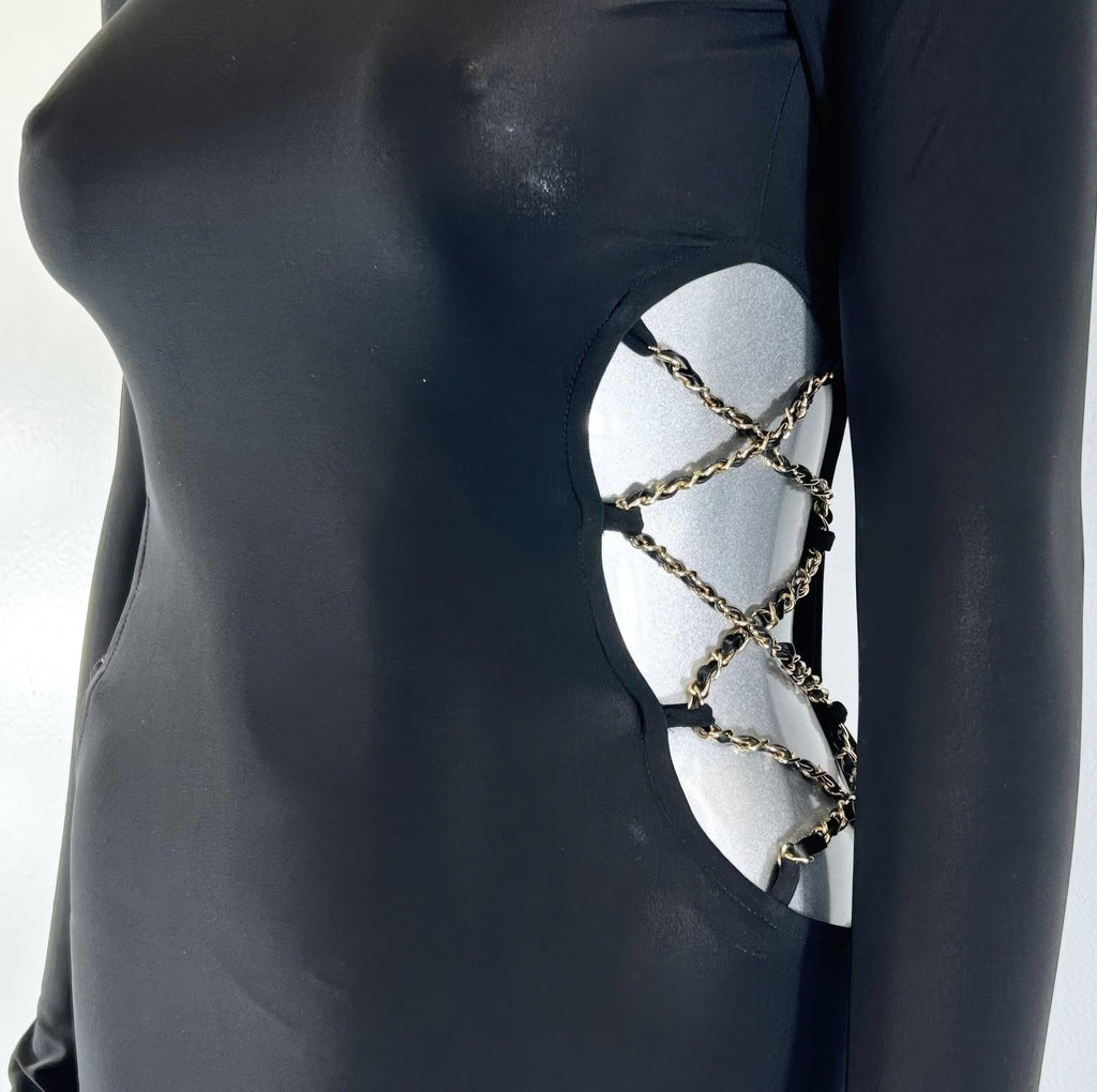 Long Sleeve, High Neck Design Chanel Chain Detail