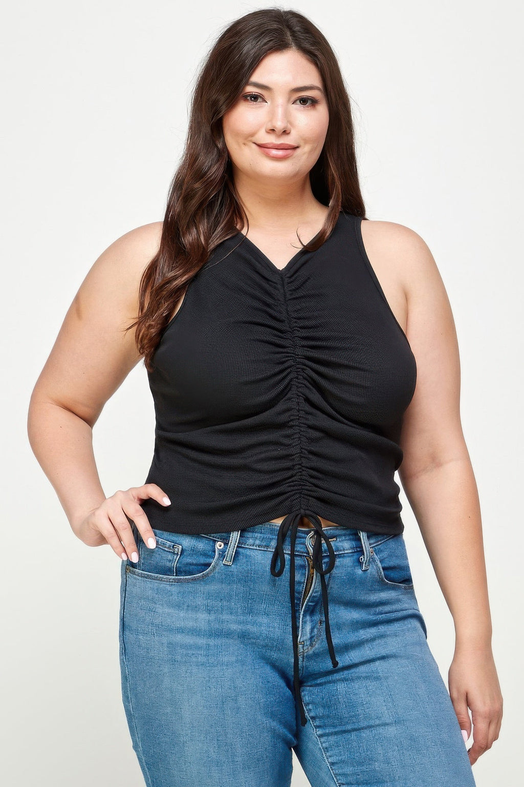 Ribbed Sleeveless Ruched Tank Top
