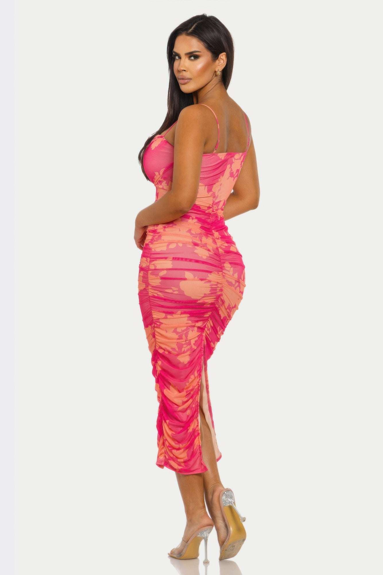 Sunset Bloom Floral Mesh Midi Dress
