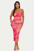 Sunset Bloom Floral Mesh Midi Dress