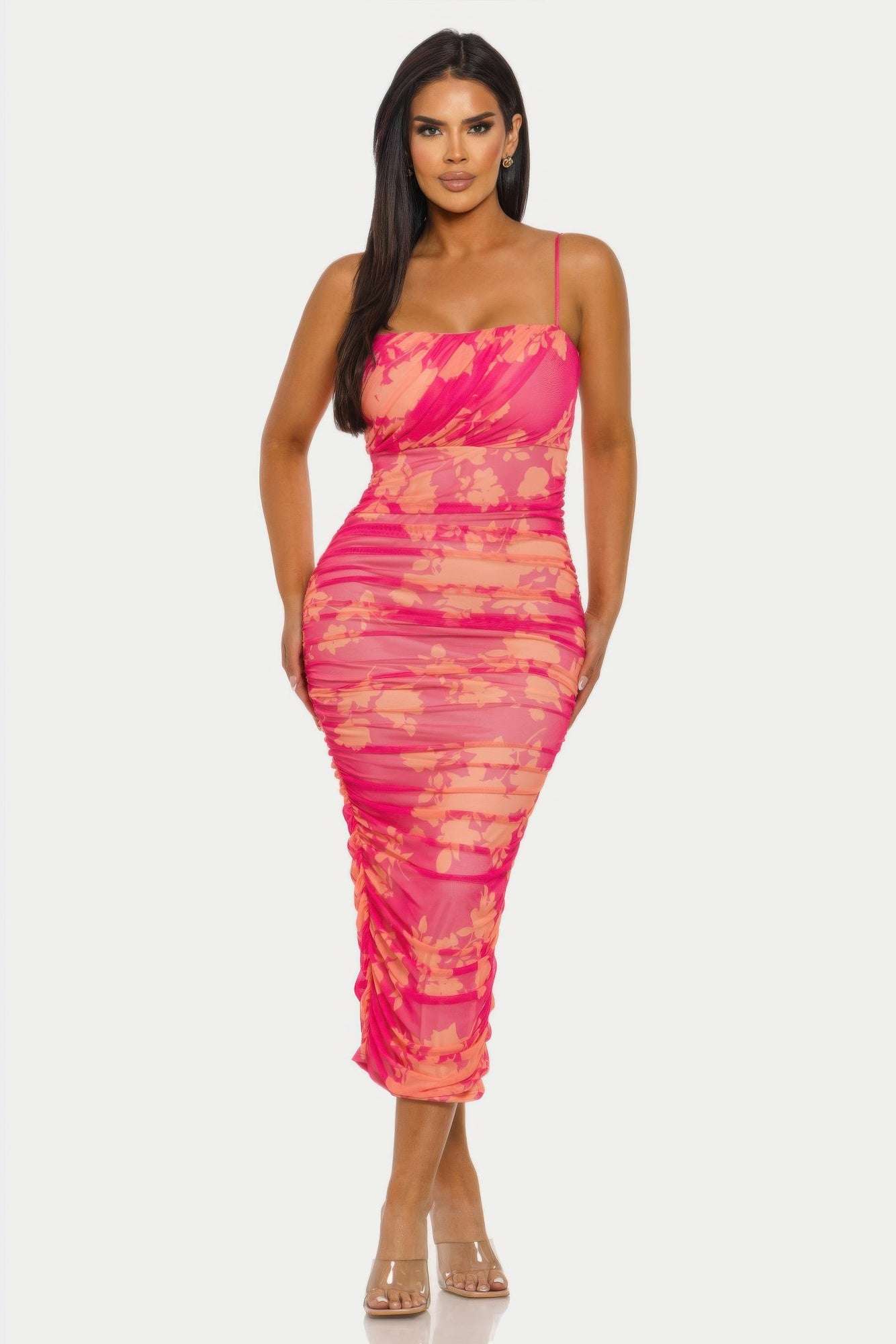 Sunset Bloom Floral Mesh Midi Dress