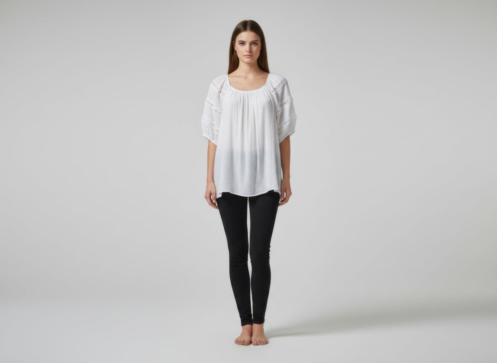 Solid White Short Sleeve Blouse with Eyelet Trim Detail