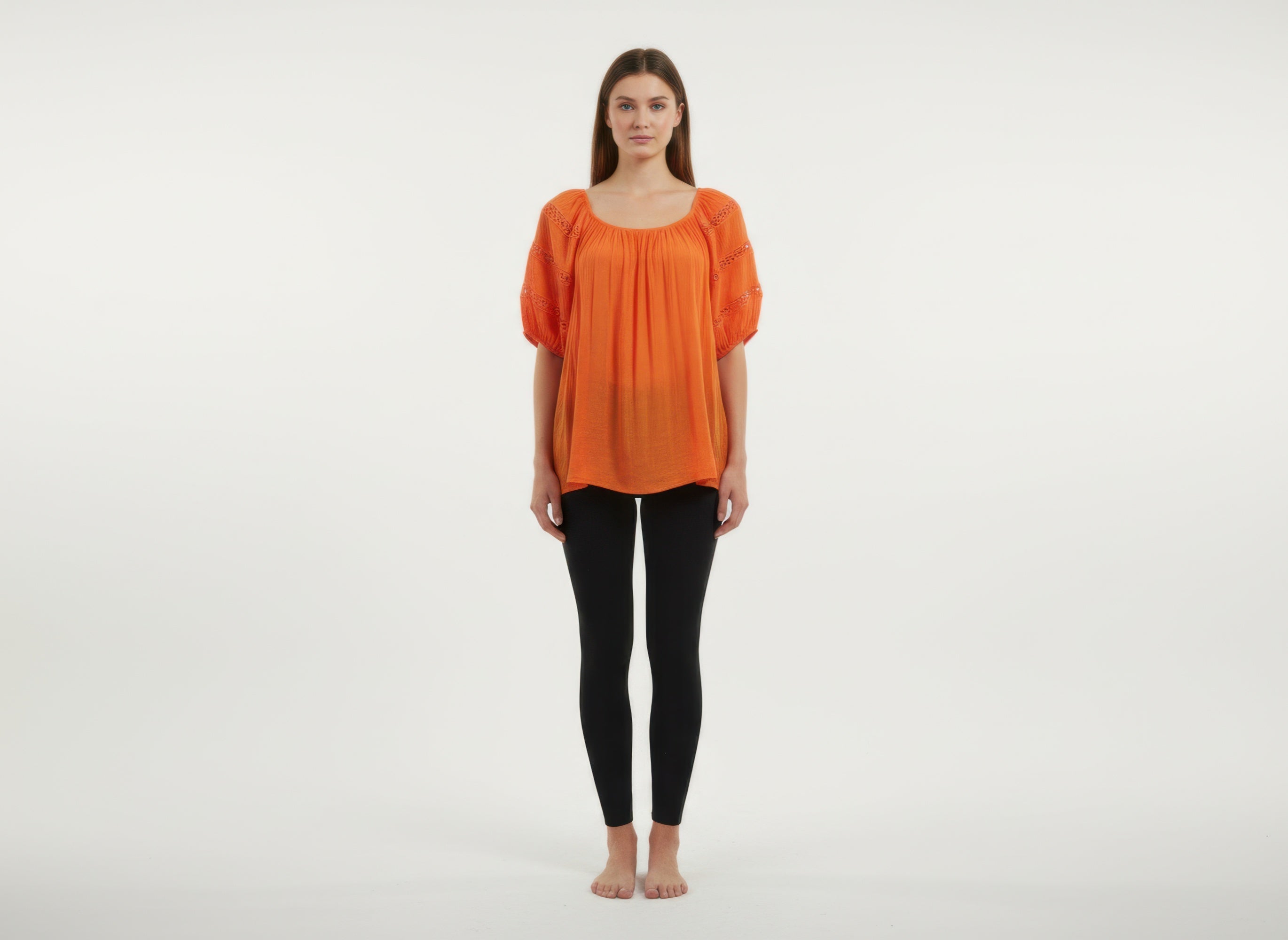 Orange Scoop Neck Blouse with Short Elastic Puff Sleeves