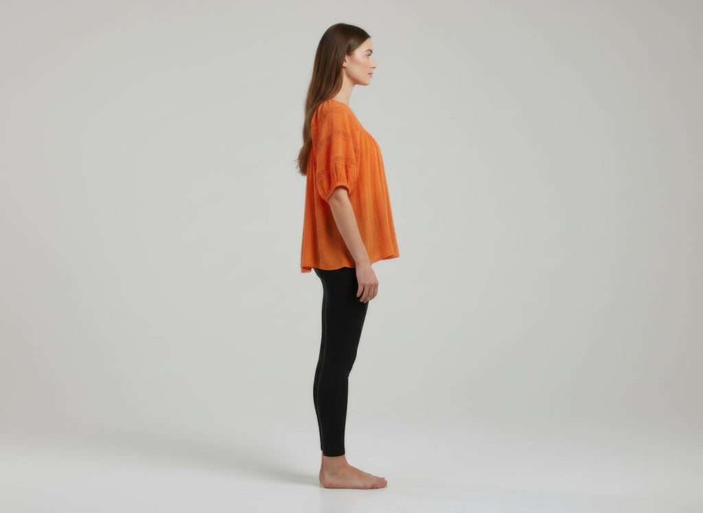 Orange Scoop Neck Blouse with Short Elastic Puff Sleeves