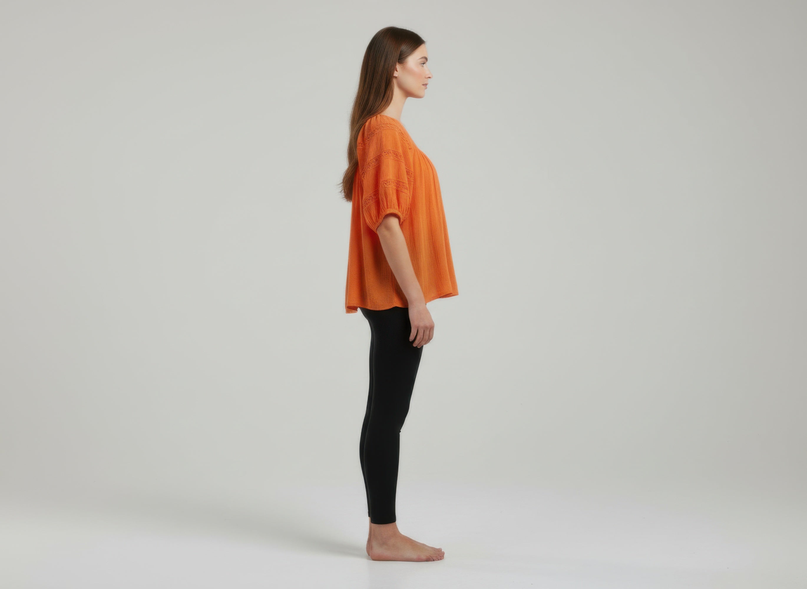 Orange Scoop Neck Blouse with Short Elastic Puff Sleeves