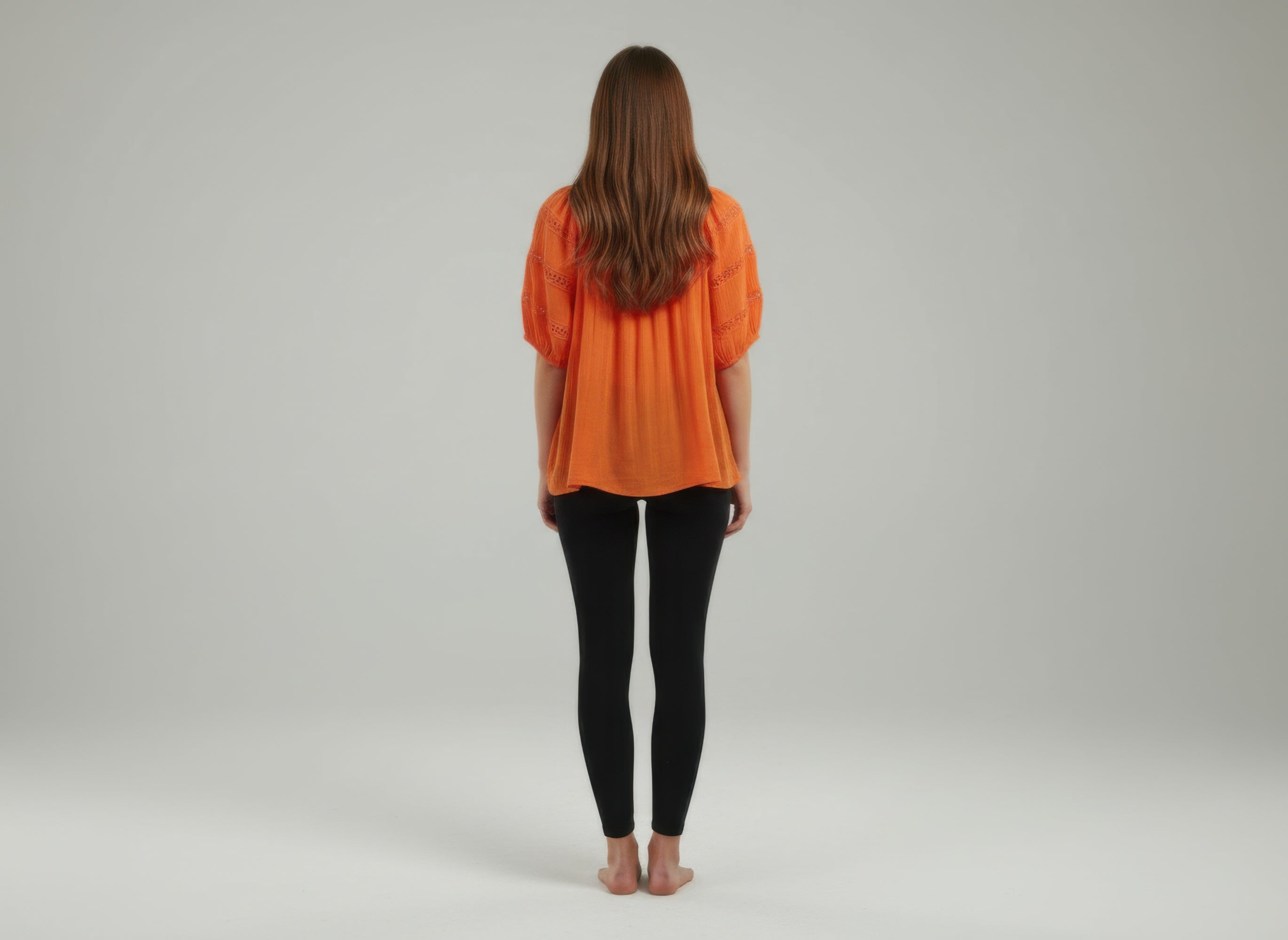 Orange Scoop Neck Blouse with Short Elastic Puff Sleeves