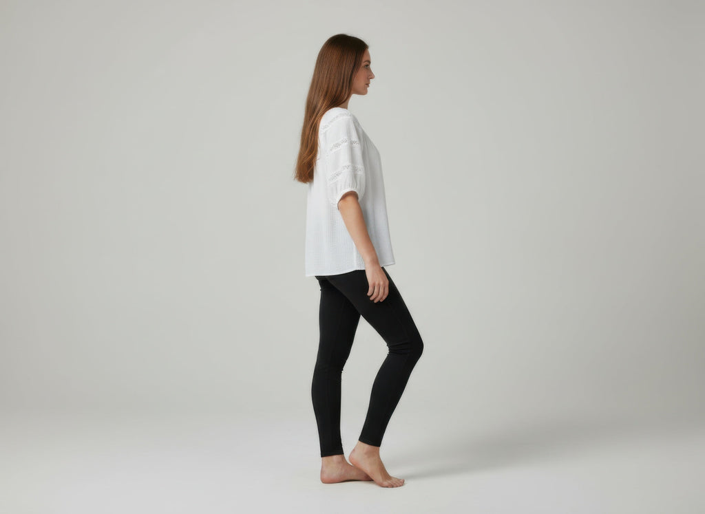 Solid White Short Sleeve Blouse with Eyelet Trim Detail