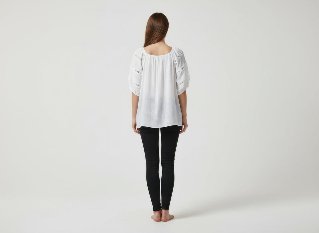 Solid White Short Sleeve Blouse with Eyelet Trim Detail