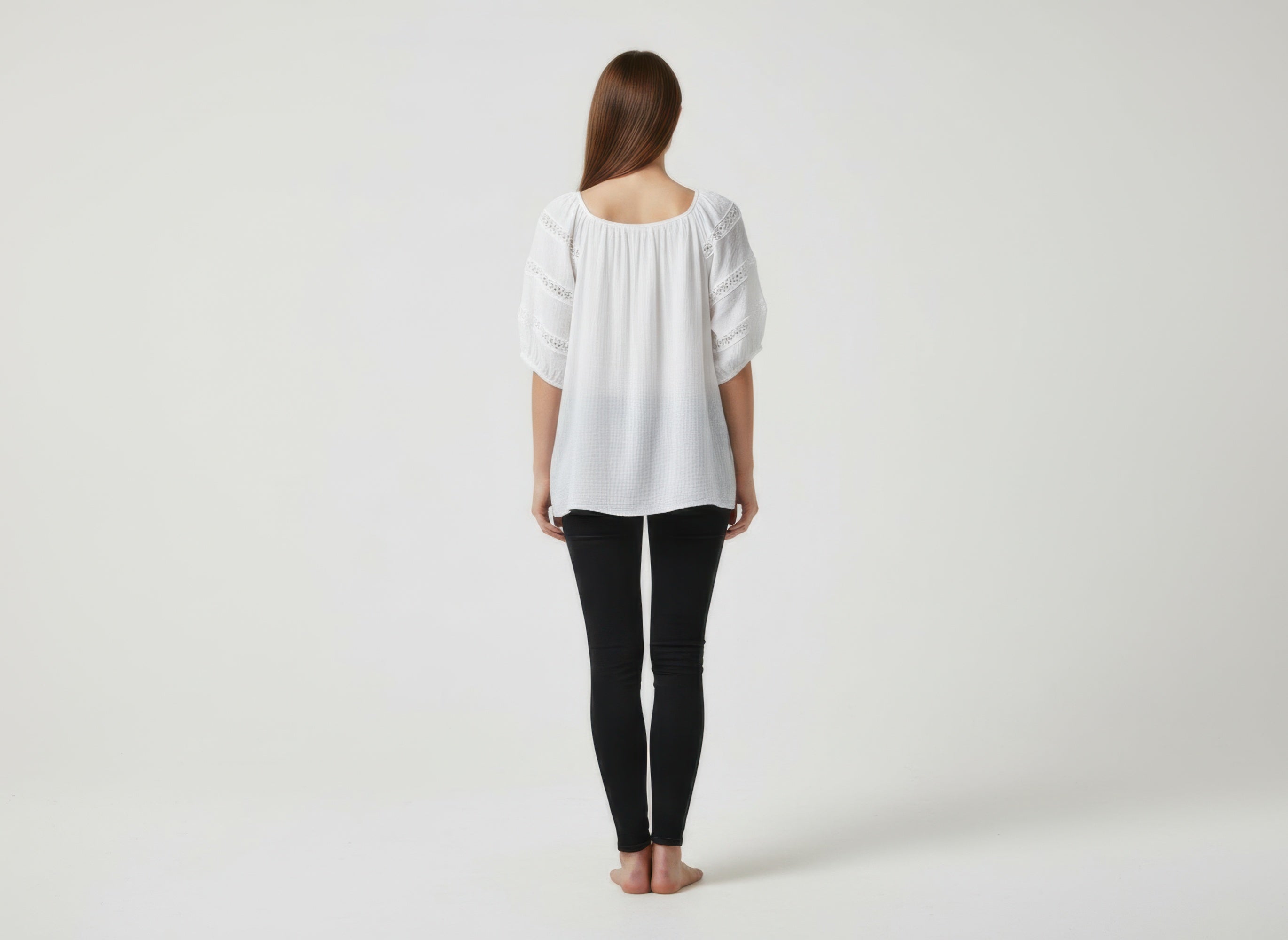 Solid White Short Sleeve Blouse with Eyelet Trim Detail