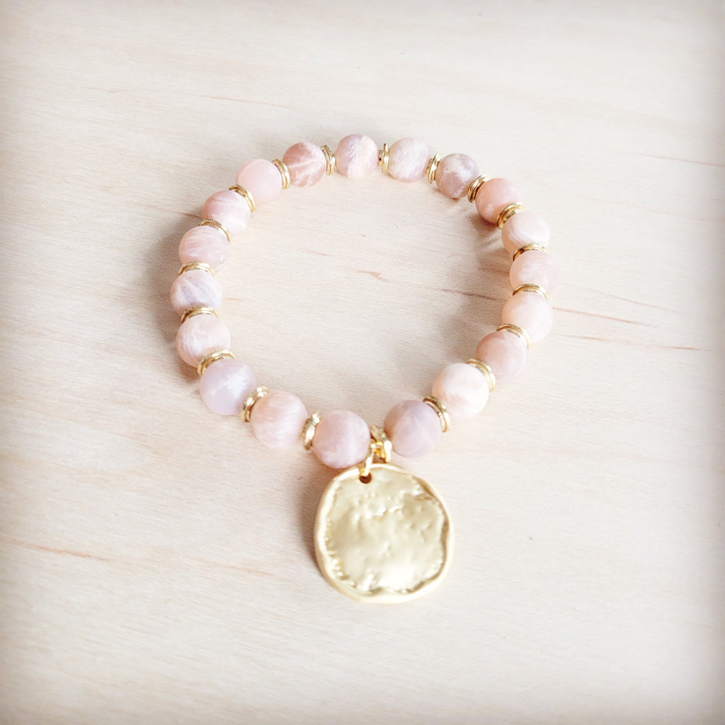 Frosted Sunstone Stretch Bracelet w/ Matte Gold Charm 811q