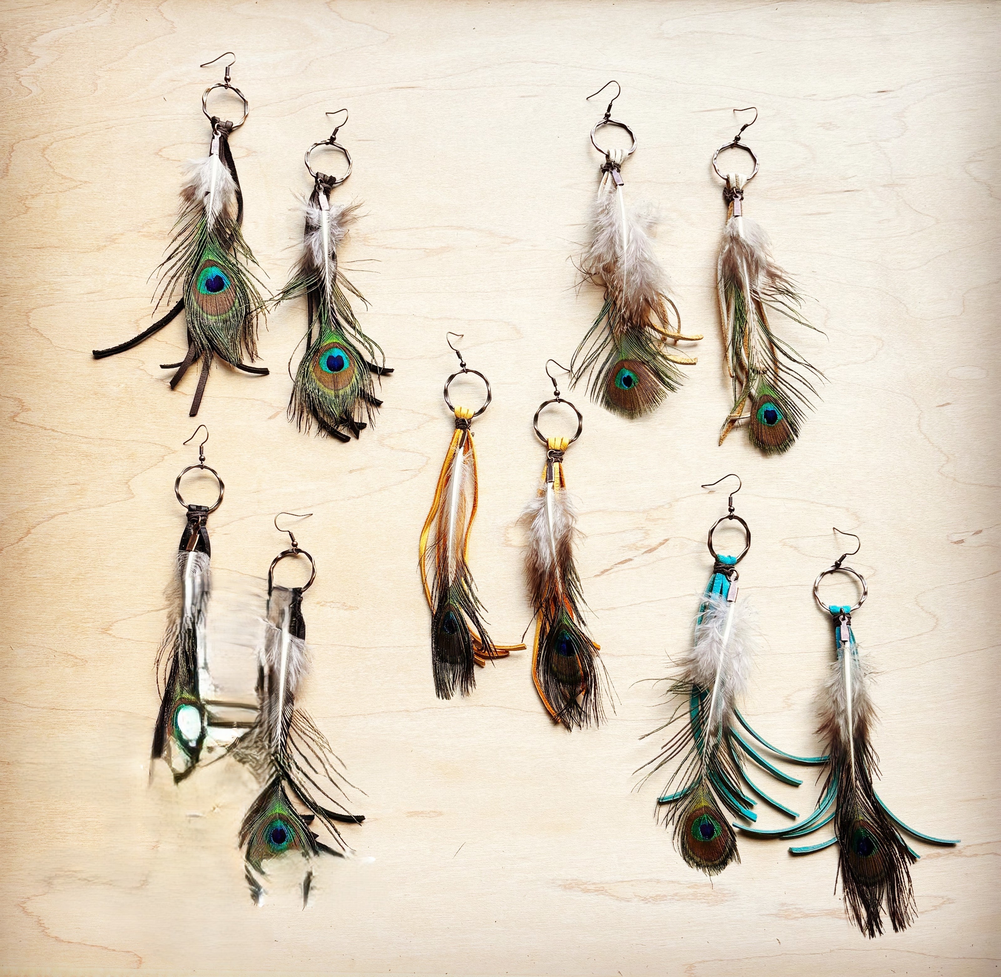 Mustard Deer Skin Leather Tassel Earring Peacock Feather 219i