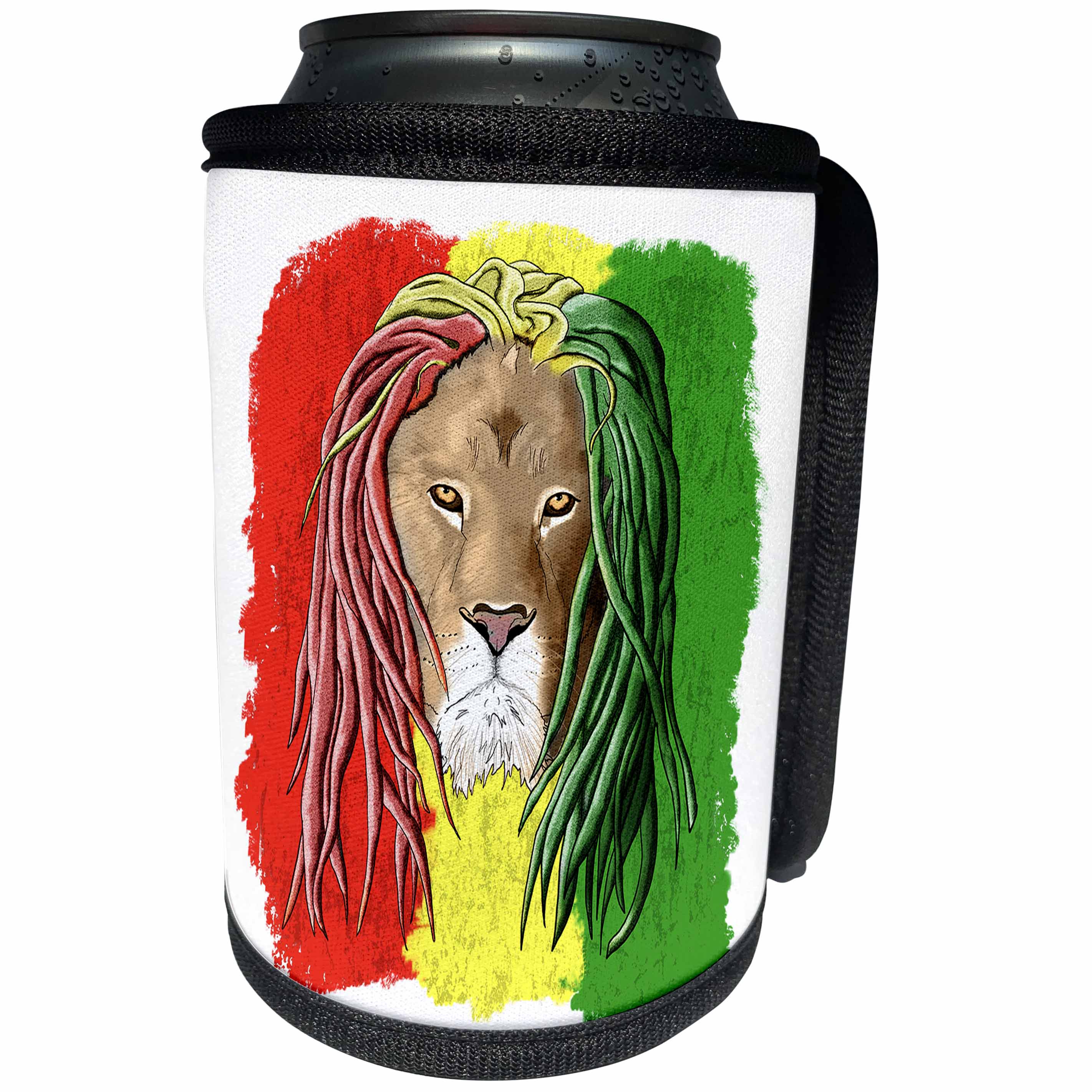3dRose MacDonald Creative Studios – Jamaica - A Rastafarian lion with dreadlocks and colors of the Jamaican flag. - Can Cooler Bottle Wrap (cc_291899)