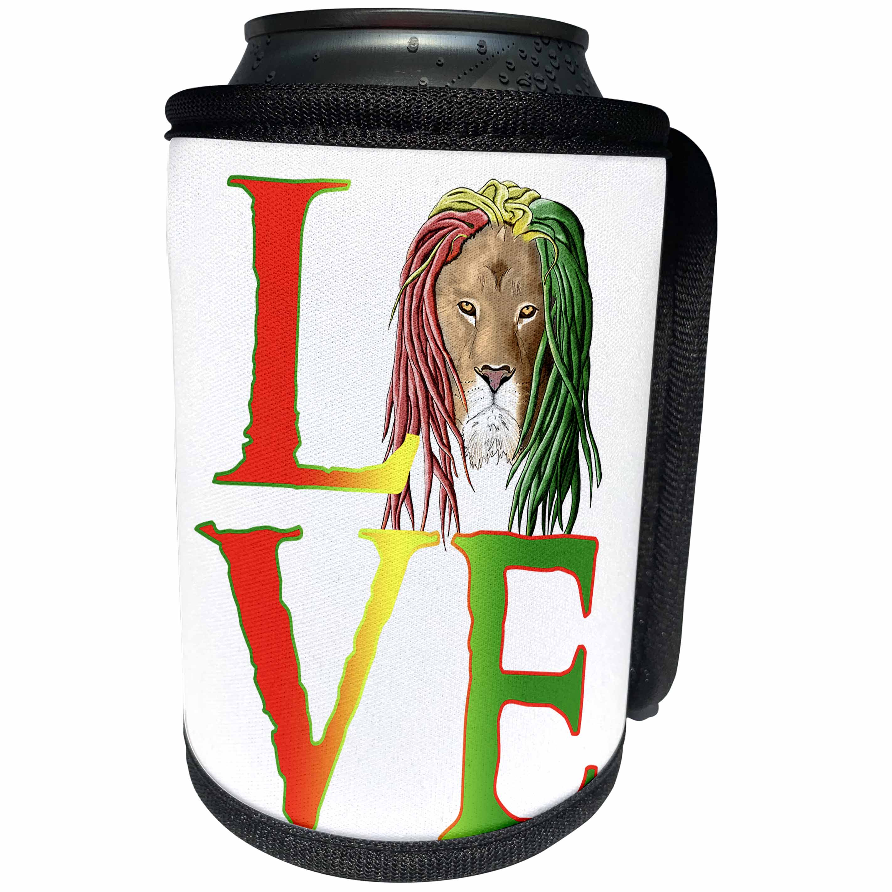 3dRose MacDonald Creative Studios – Jamaica - A Rastafarian lion with dreadlocks and the one love message. - Can Cooler Bottle Wrap (cc_291900)