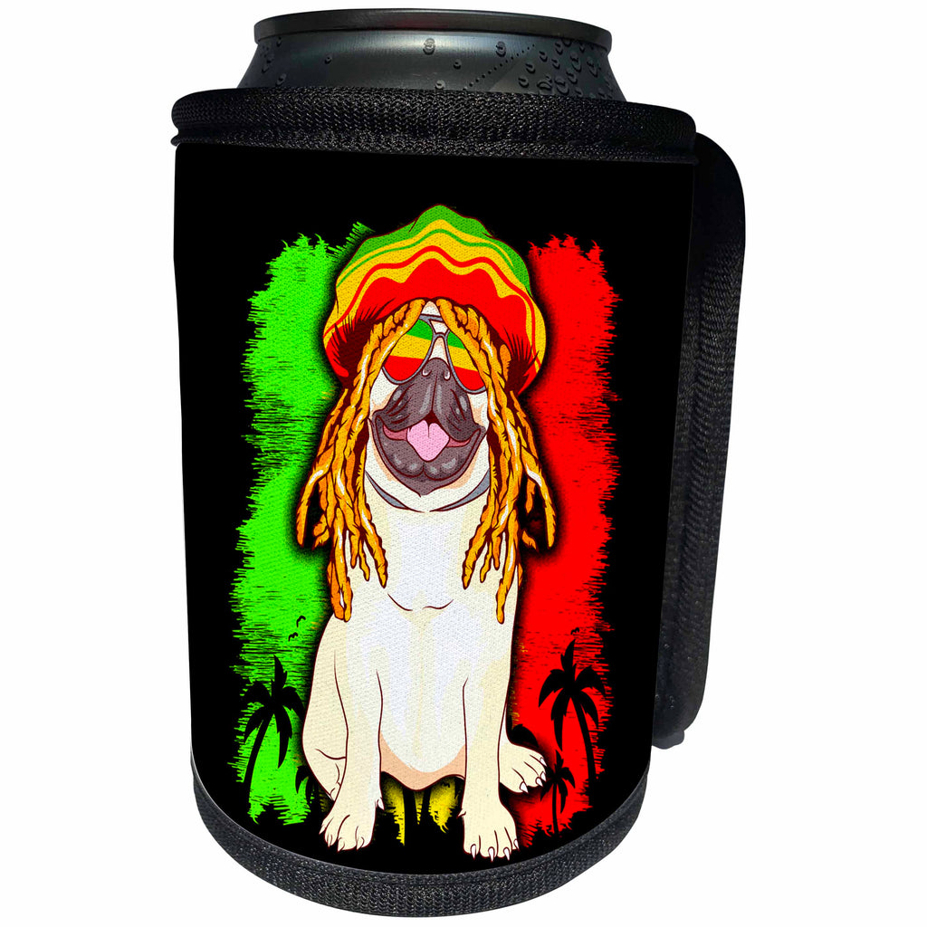 3dRose Sven Herkenrath Animal - Jamaica Flag with Pug Dog with Weed Cannabis - Can Cooler Bottle Wrap (cc_306653)