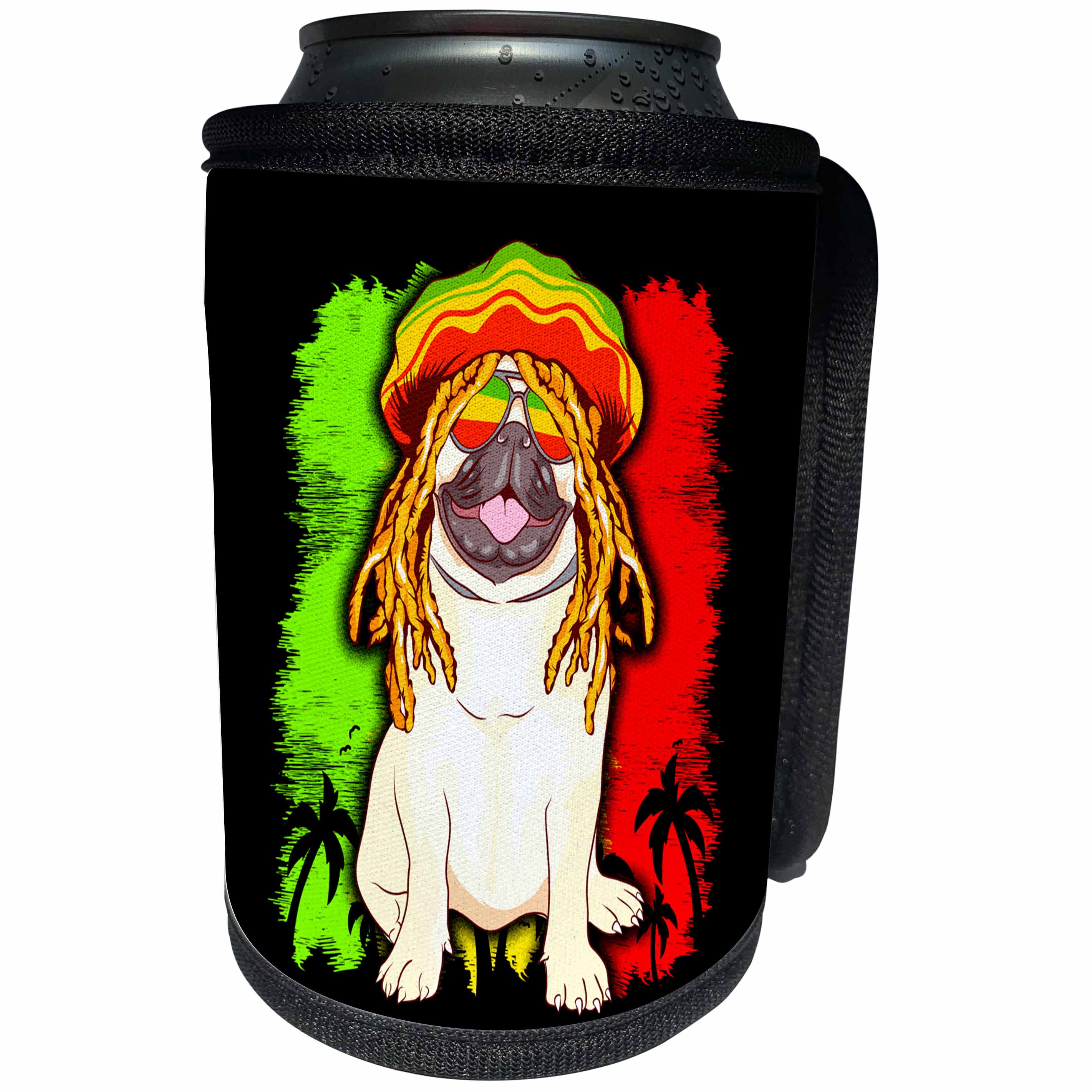 3dRose Sven Herkenrath Animal - Jamaica Flag with Pug Dog with Weed Cannabis - Can Cooler Bottle Wrap (cc_306653)