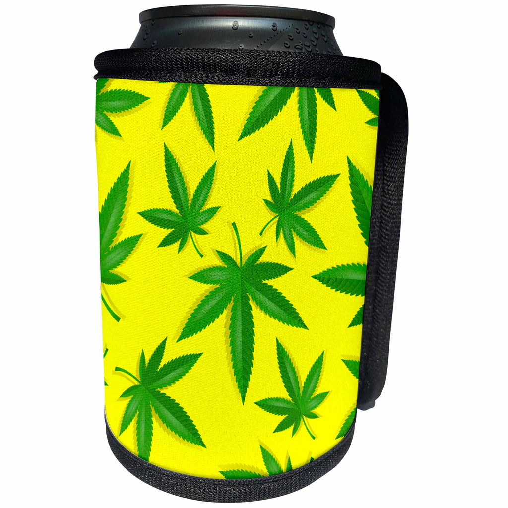 3dRose Sven Herkenrath Pattern - Pattern Style of Cannabis Leaf with Yellow Background - Can Cooler Bottle Wrap (cc_311024)