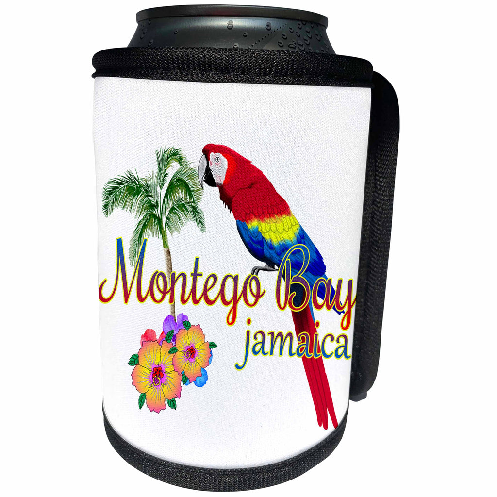 3dRose MacDonald Creative Studios – Jamaica - Tropical Montego Bay Jamaica design with a macaw parrot - Can Cooler Bottle Wrap (cc_318287)
