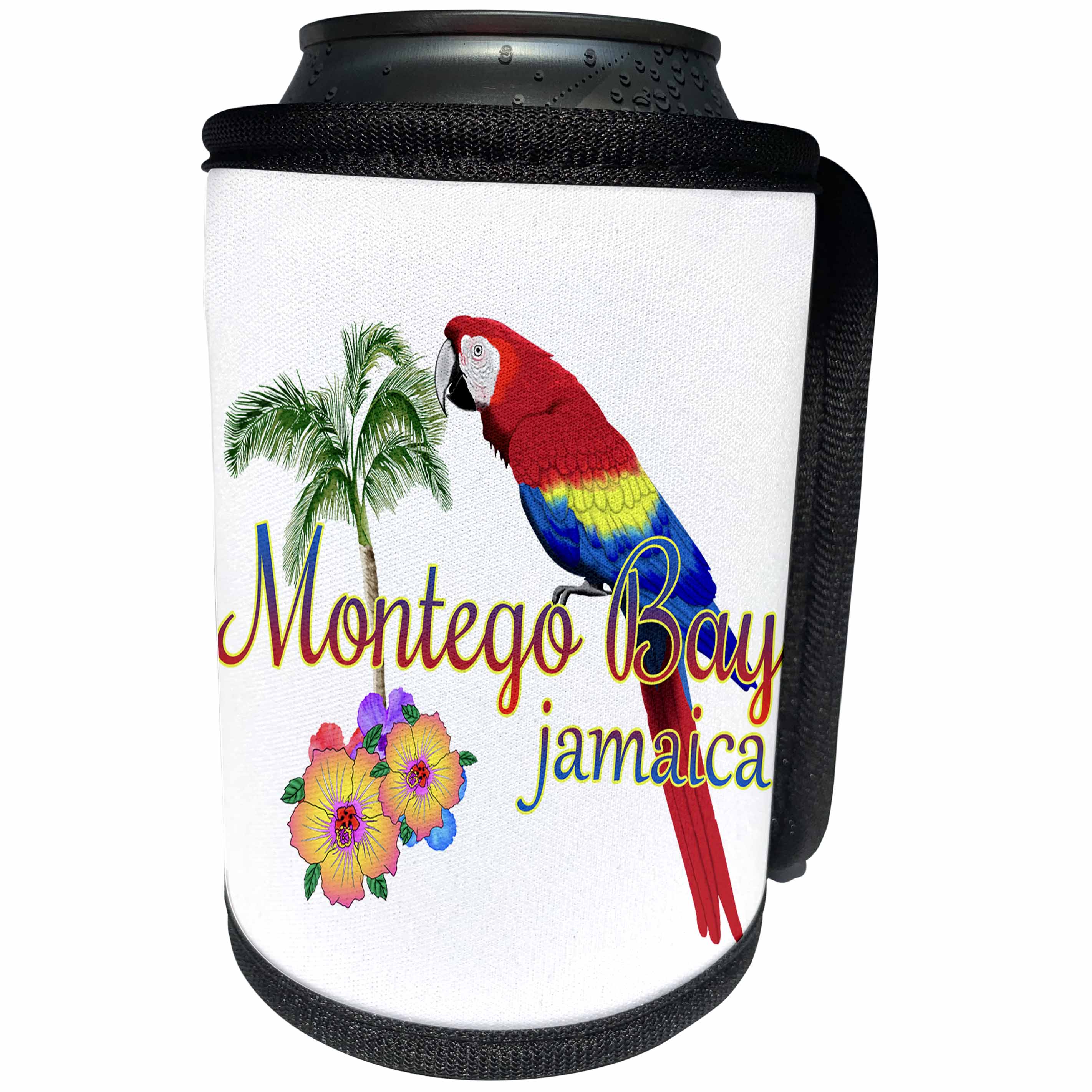 3dRose MacDonald Creative Studios – Jamaica - Tropical Montego Bay Jamaica design with a macaw parrot - Can Cooler Bottle Wrap (cc_318287)