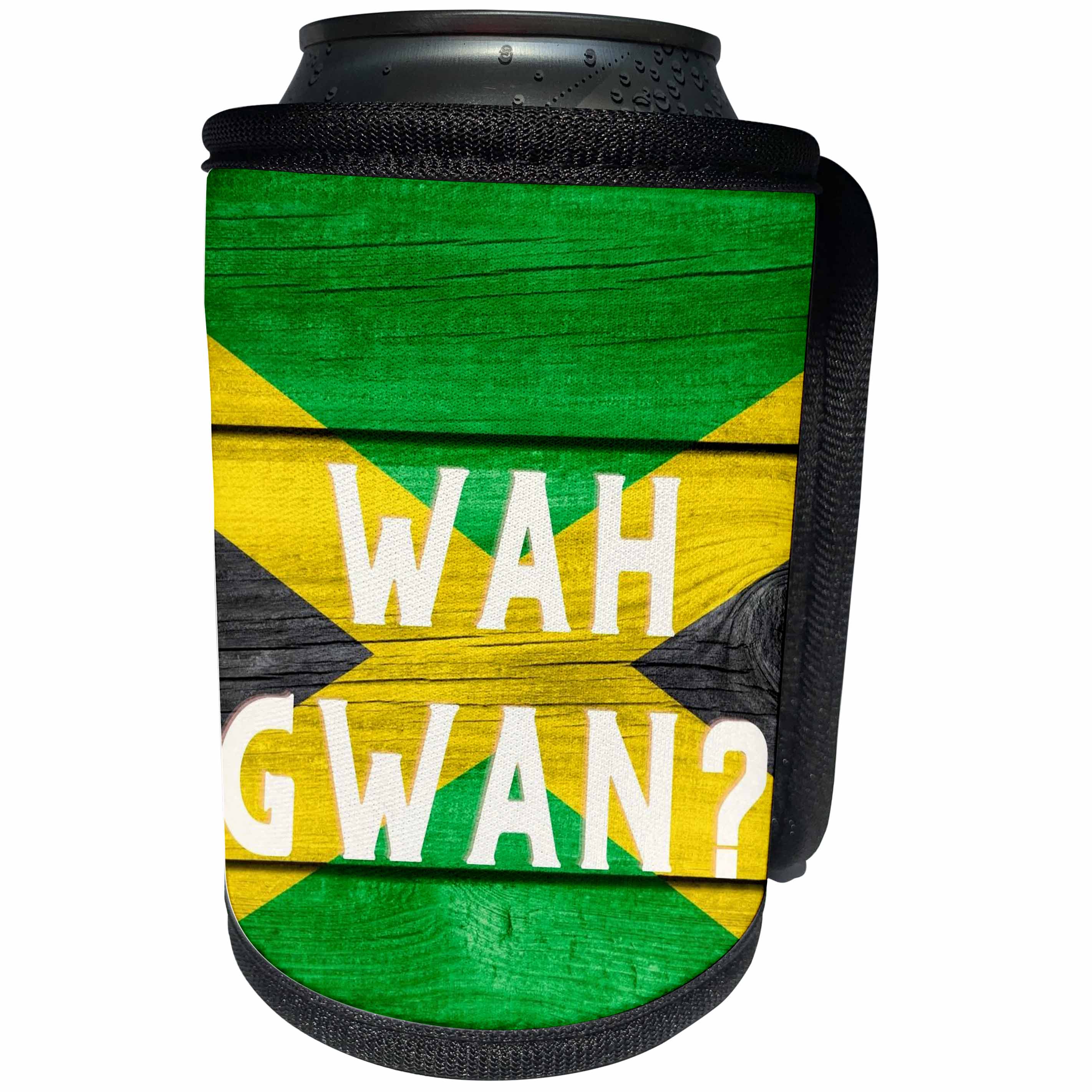 3dRose Image of the words wah gwan with jamaican flag - Can Cooler Bottle Wrap (cc-361803)