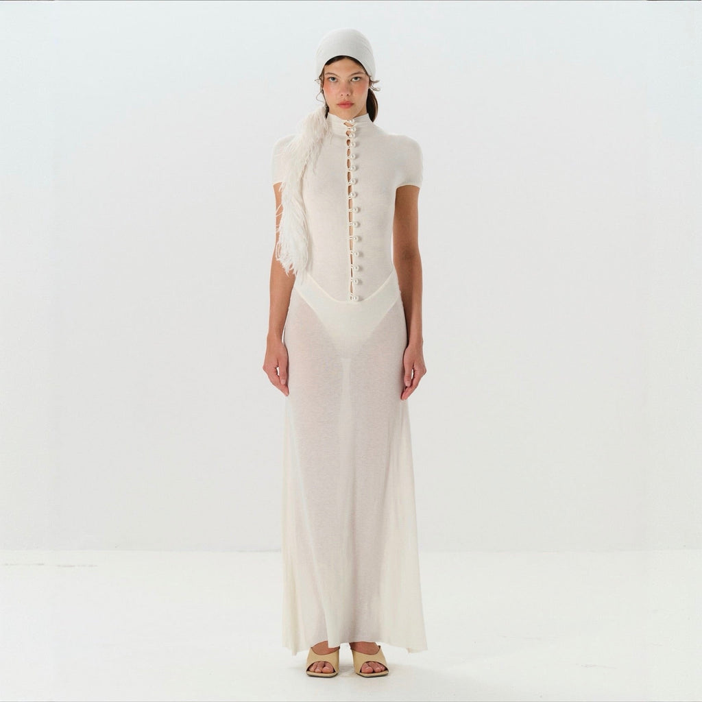 Caroline Baby-Soft Knit Pearl Button Maxi Dress with Built-In Bodysuit
