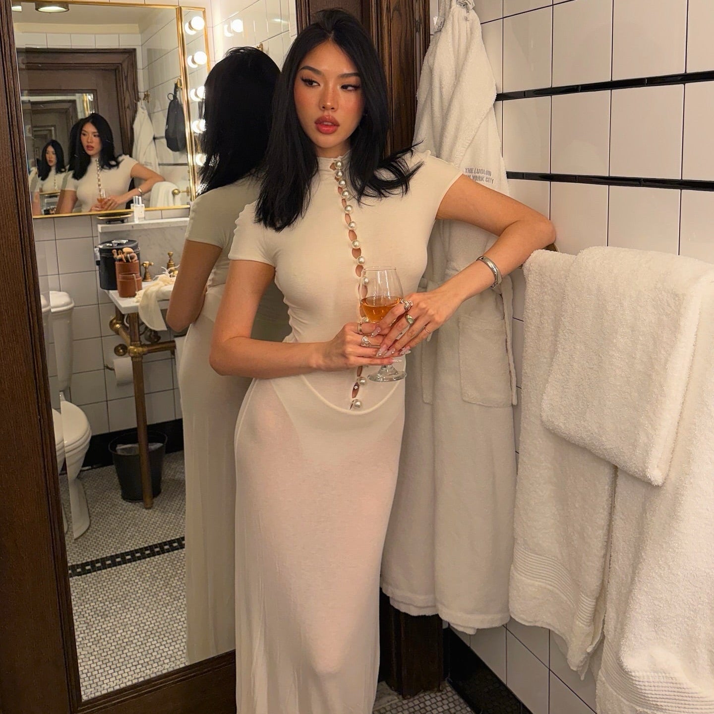 Caroline Baby-Soft Knit Pearl Button Maxi Dress with Built-In Bodysuit