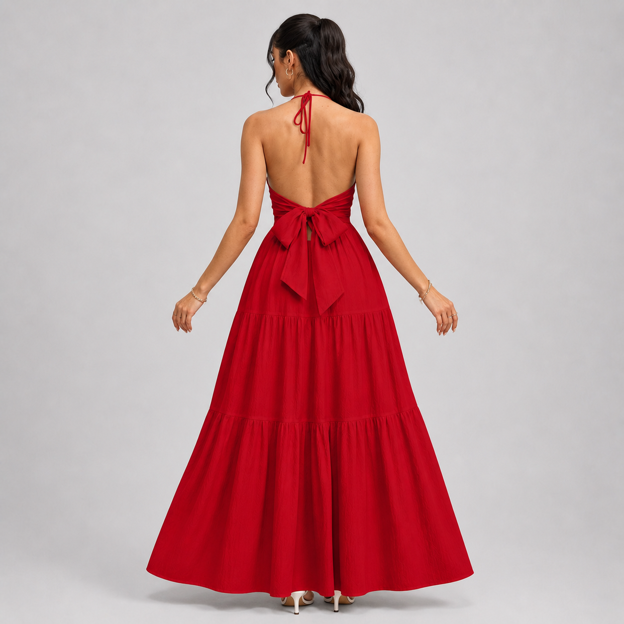 Backless Halter Neck Maxi Dress - Deep V-Neck Tiered Boho Sundress for Beach Vacation