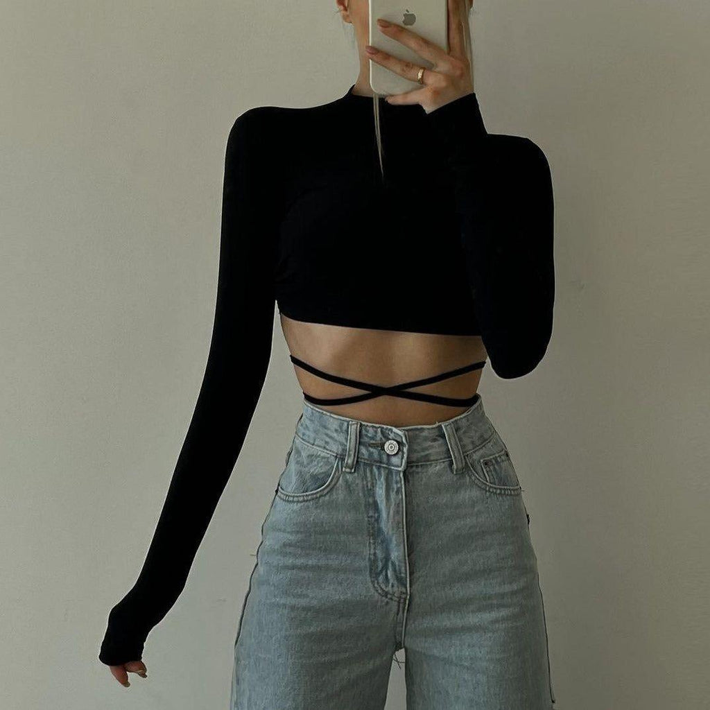 Christy Black Long Sleeve Crop Top