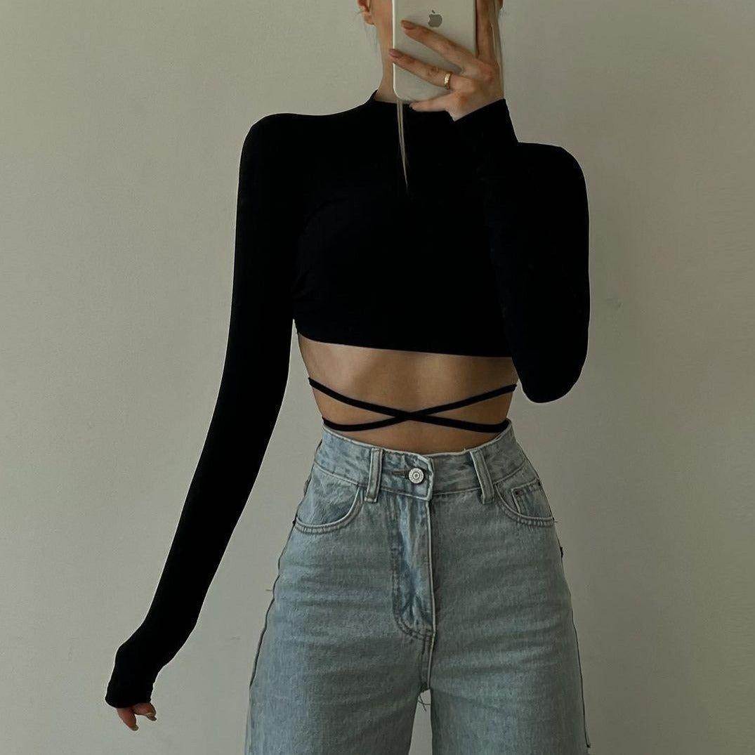 Christy Black Long Sleeve Crop Top