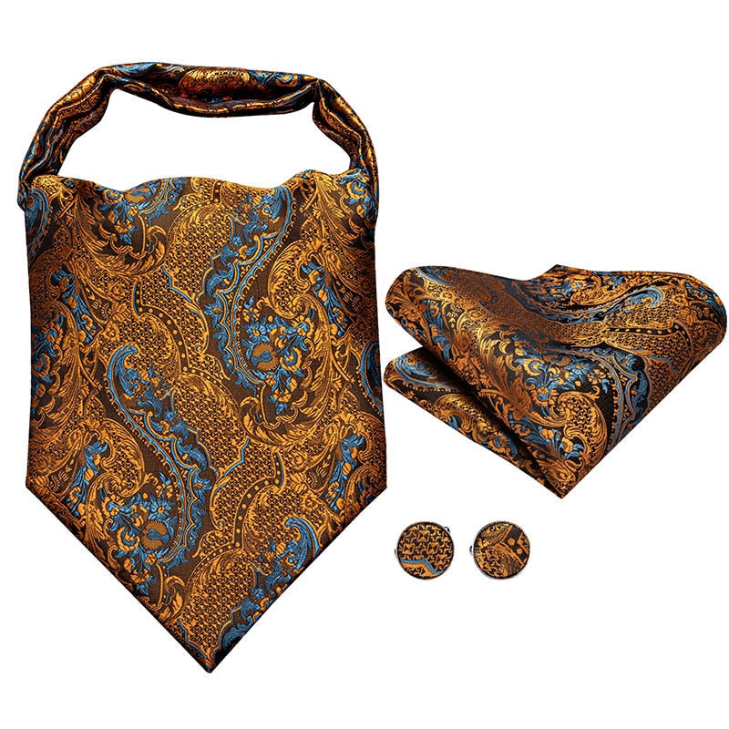 Colorful Silk Ascot/Cravat Tie, Handkerchief & Cufflinks Set