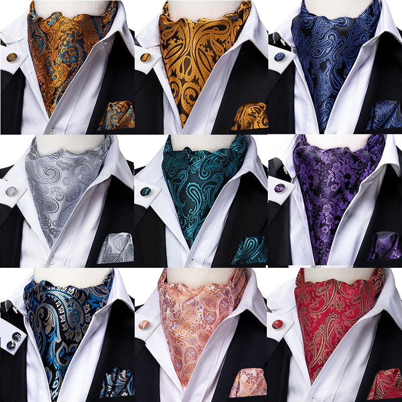 Colorful Silk Ascot/Cravat Tie, Handkerchief & Cufflinks Set