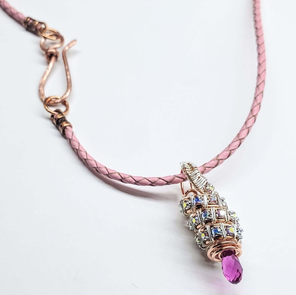 Fuchsia Crystal Drop Pendant Necklace Copper Silver Tubular
