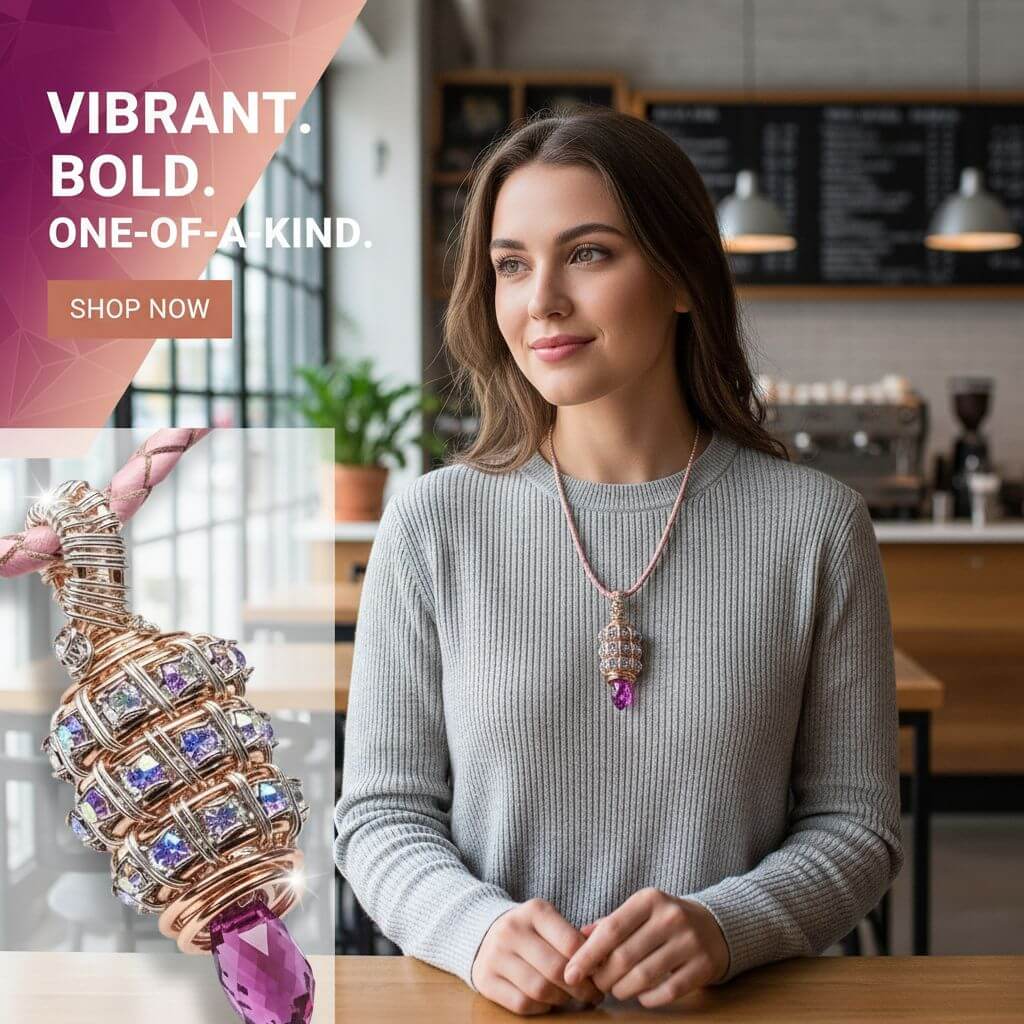 Fuchsia Crystal Drop Pendant Necklace Copper Silver Tubular