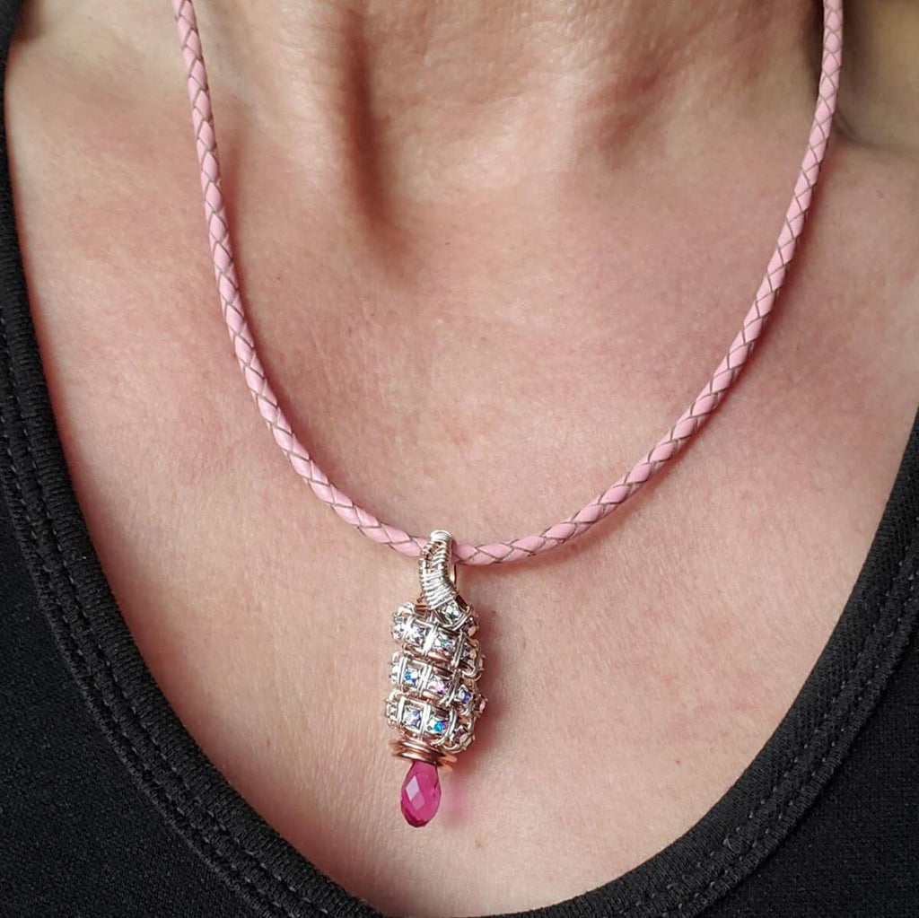Fuchsia Crystal Drop Pendant Necklace Copper Silver Tubular