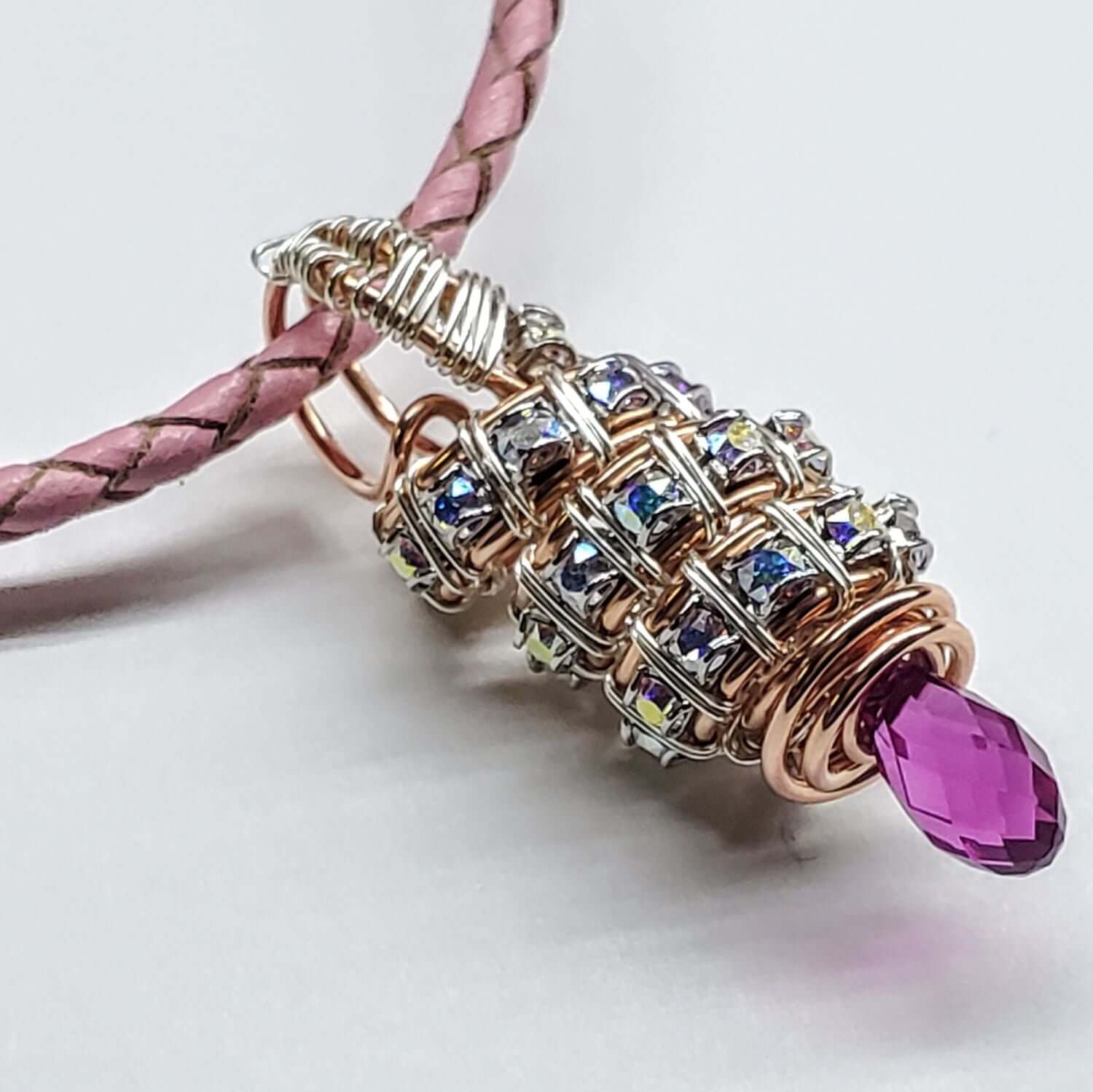 Fuchsia Crystal Drop Pendant Necklace Copper Silver Tubular