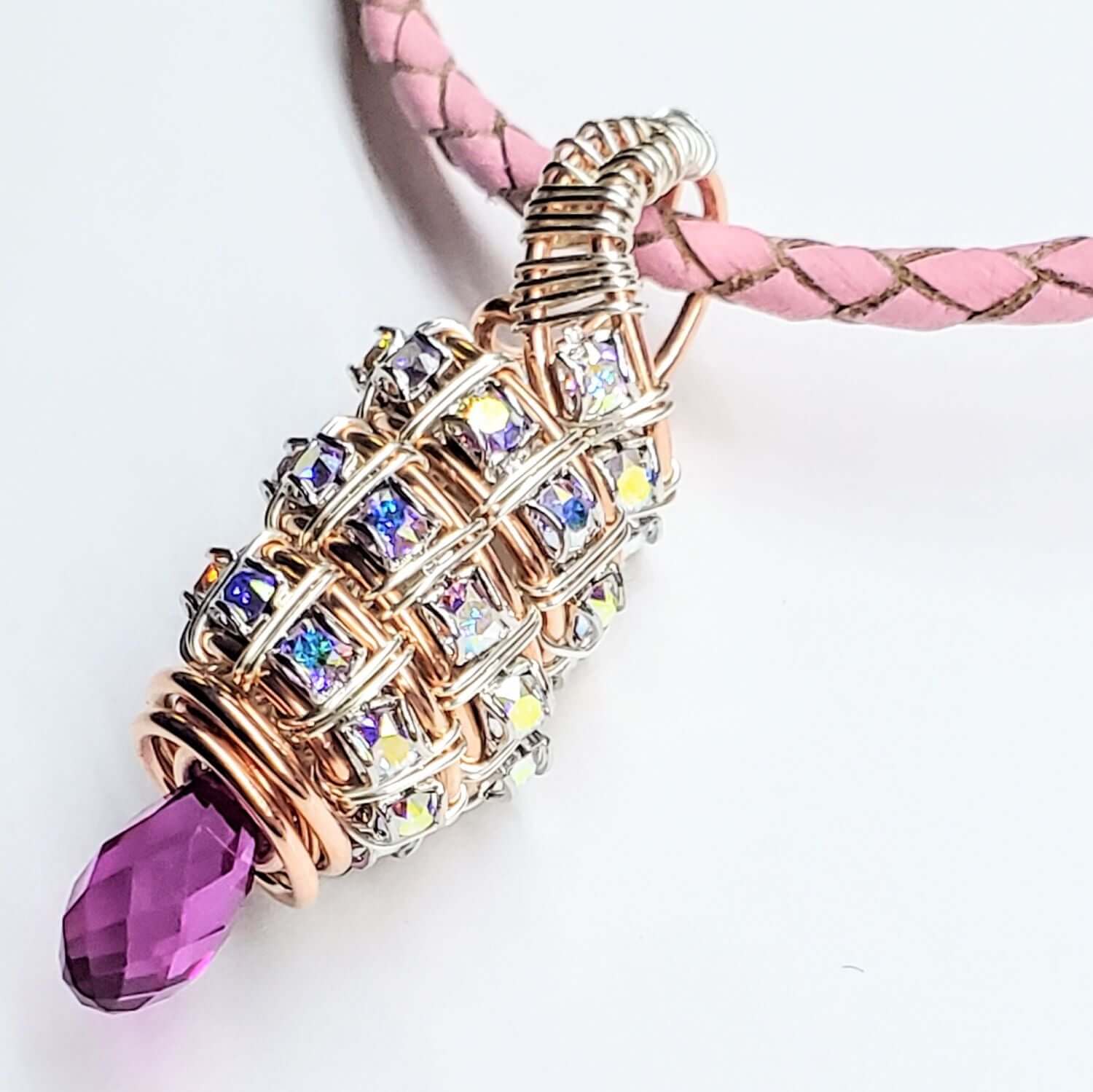 Fuchsia Crystal Drop Pendant Necklace Copper Silver Tubular
