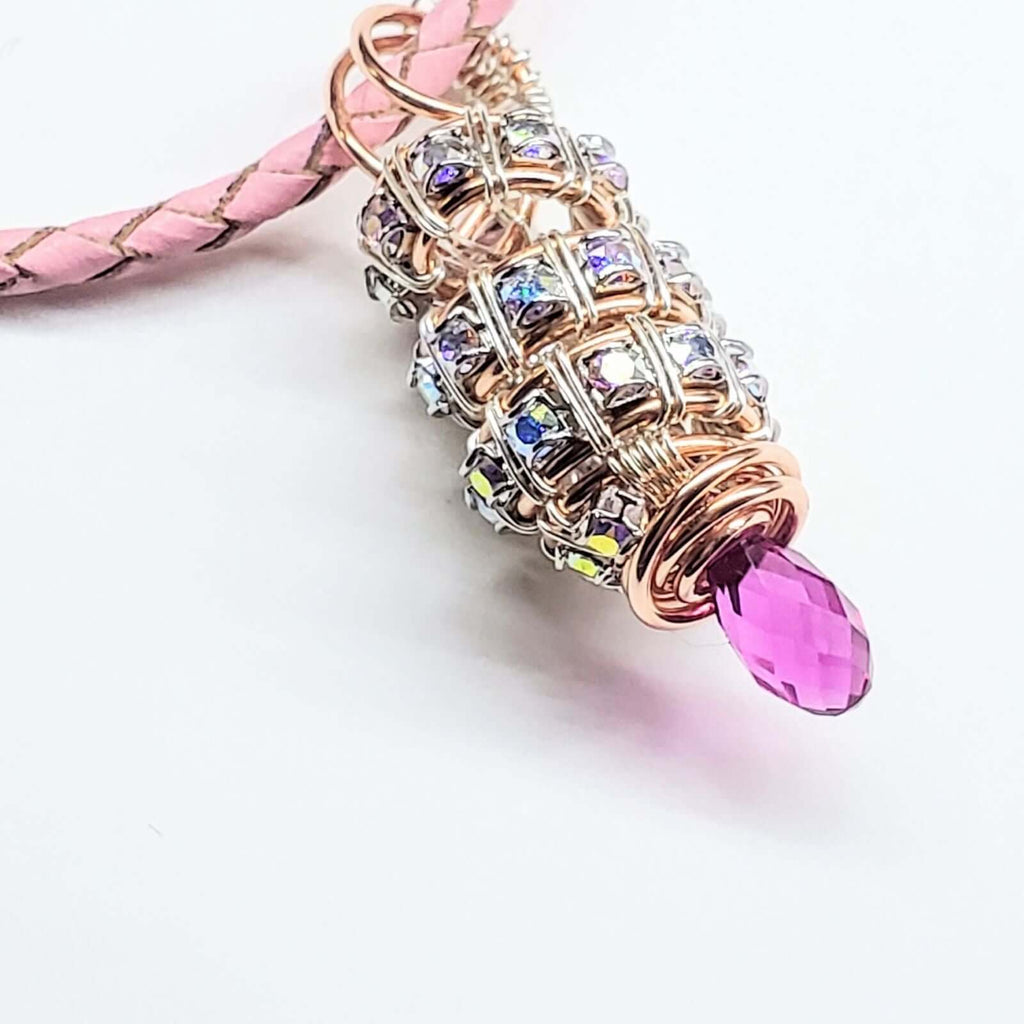 Fuchsia Crystal Drop Pendant Necklace Copper Silver Tubular