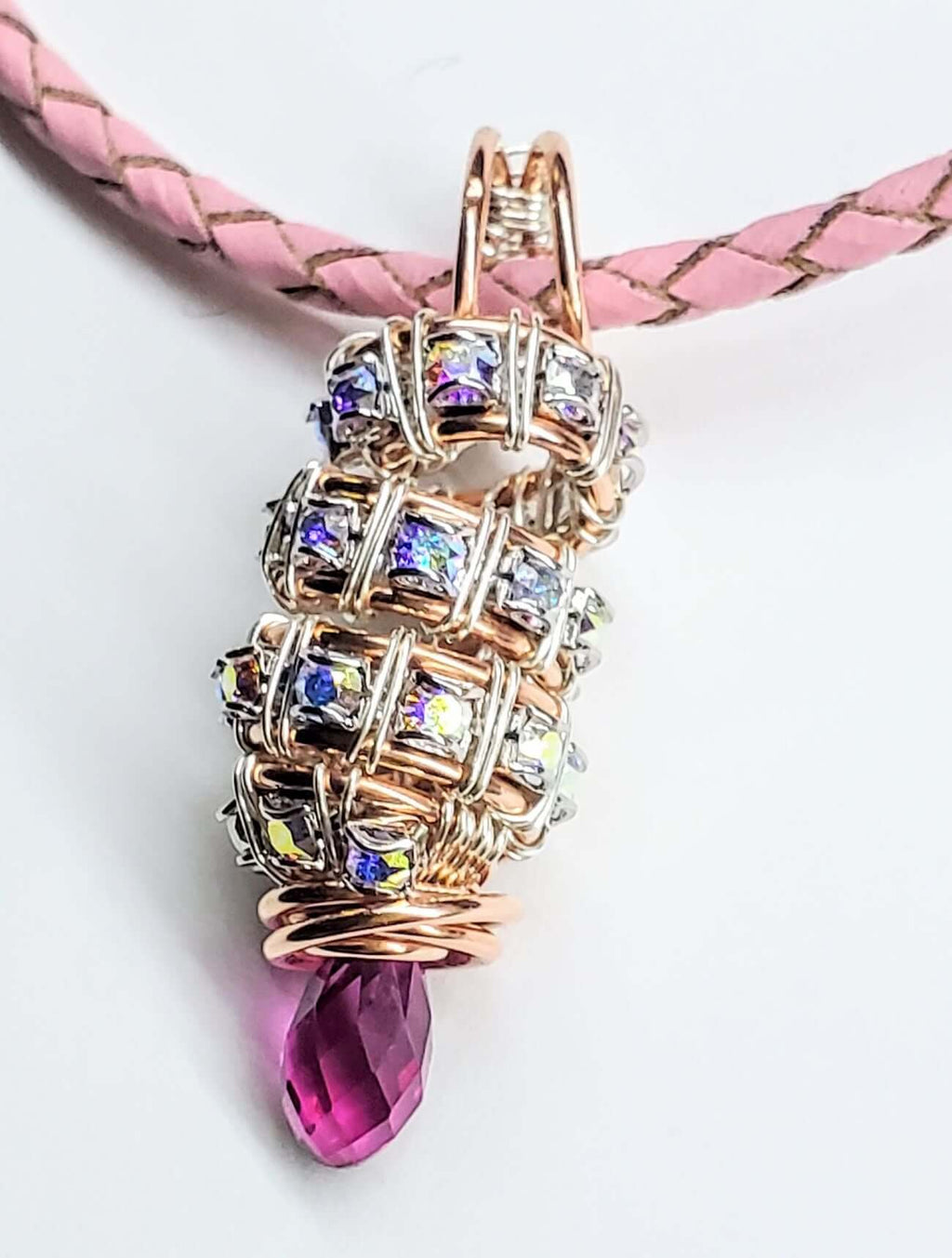 Fuchsia Crystal Drop Pendant Necklace Copper Silver Tubular