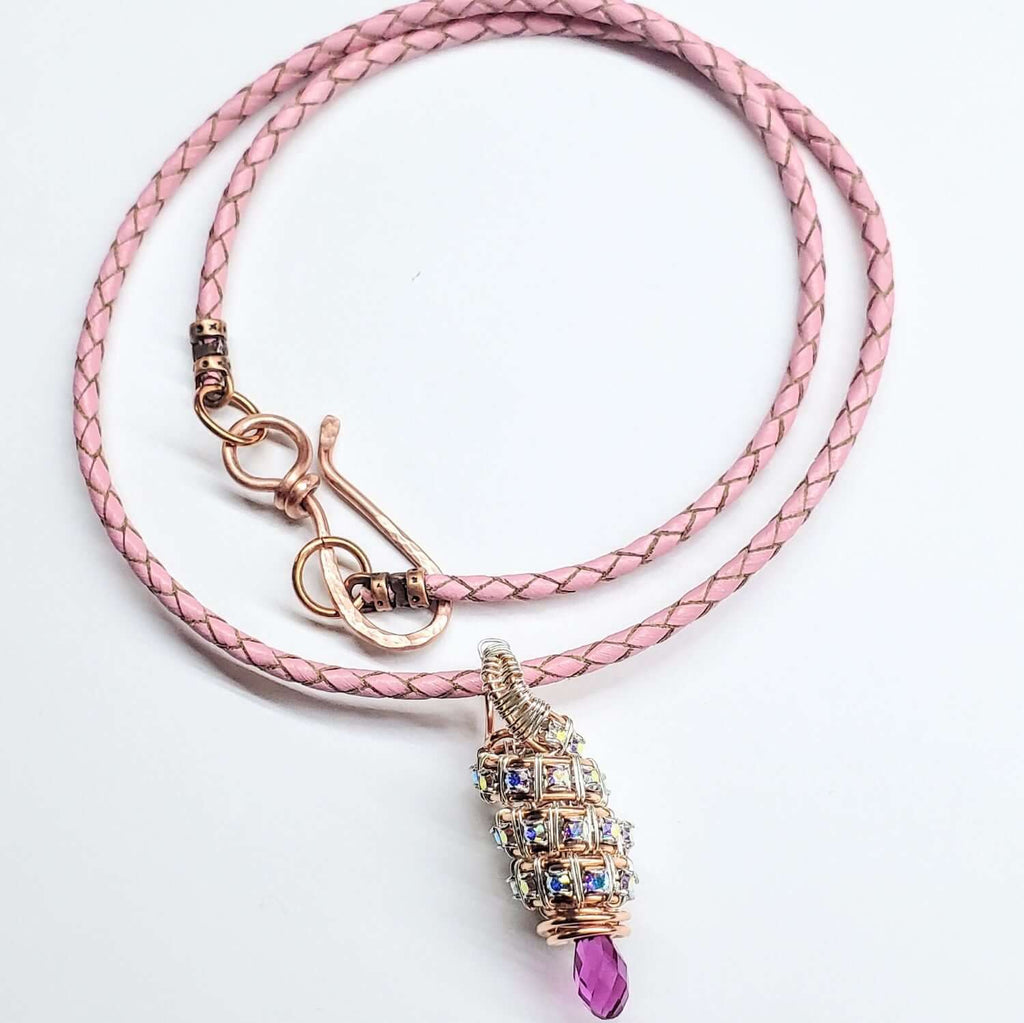 Fuchsia Crystal Drop Pendant Necklace Copper Silver Tubular