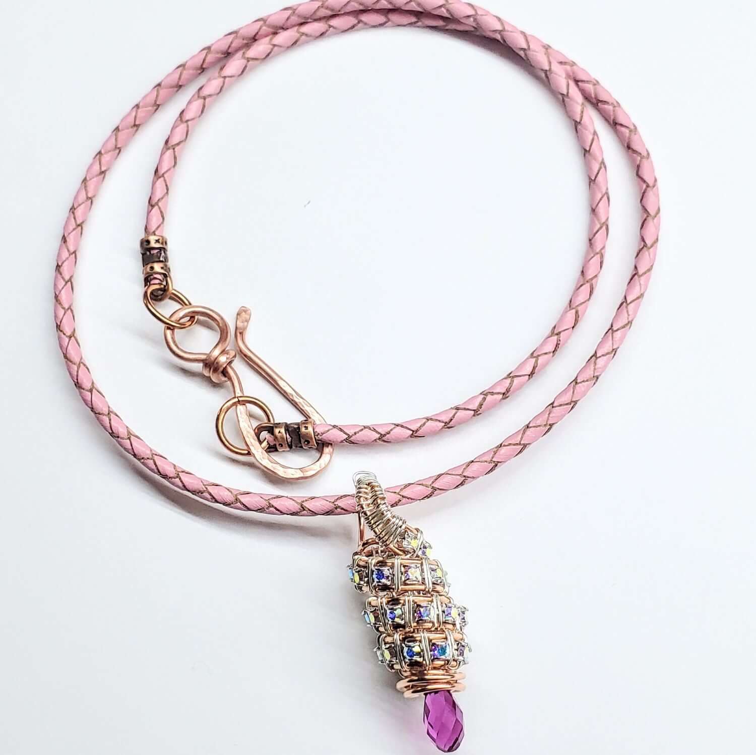 Fuchsia Crystal Drop Pendant Necklace Copper Silver Tubular
