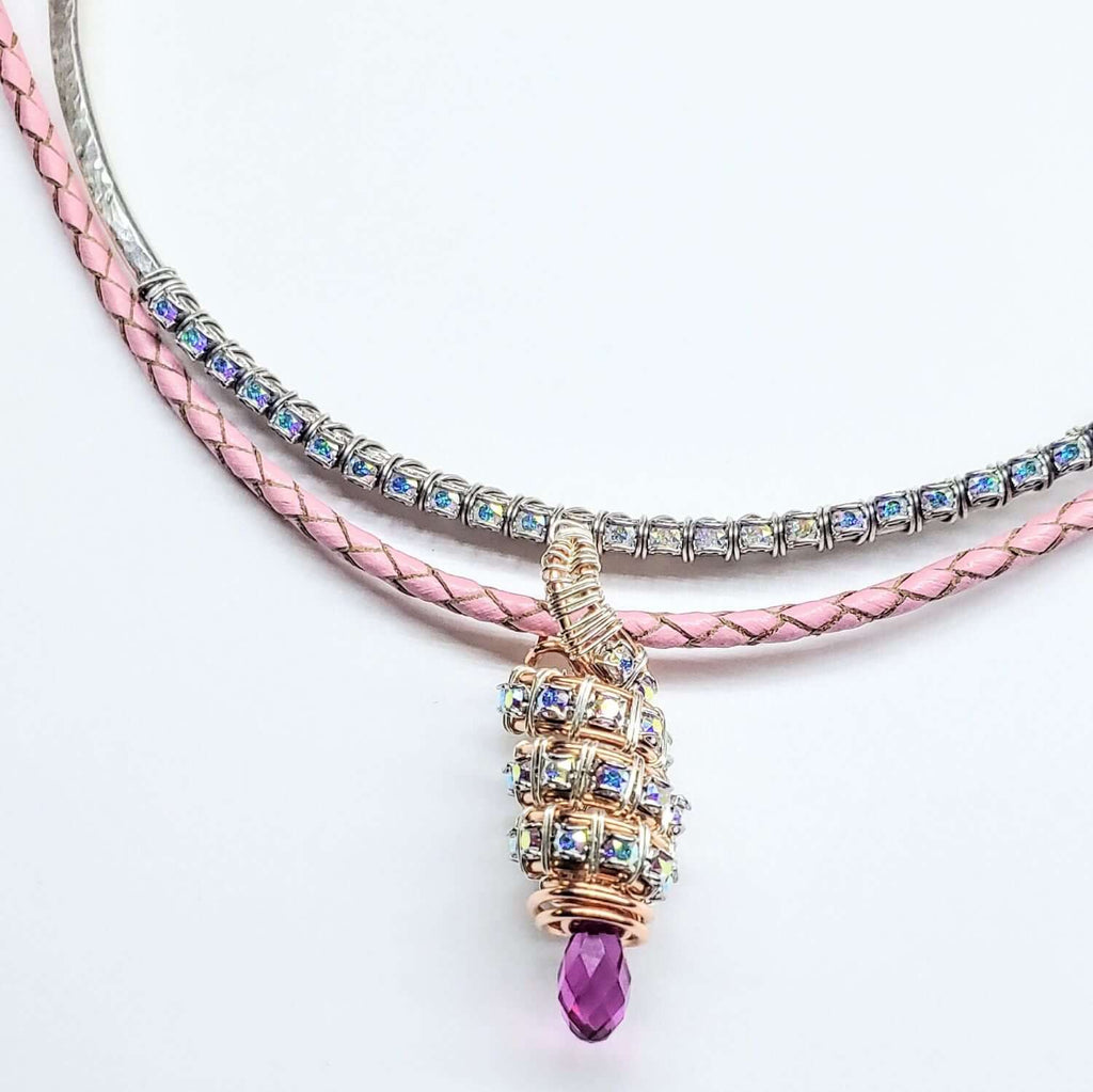 Fuchsia Crystal Drop Pendant Necklace Copper Silver Tubular
