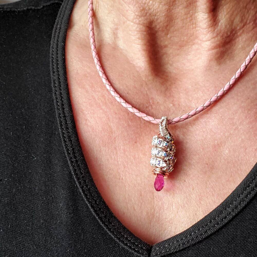 Fuchsia Crystal Drop Pendant Necklace Copper Silver Tubular