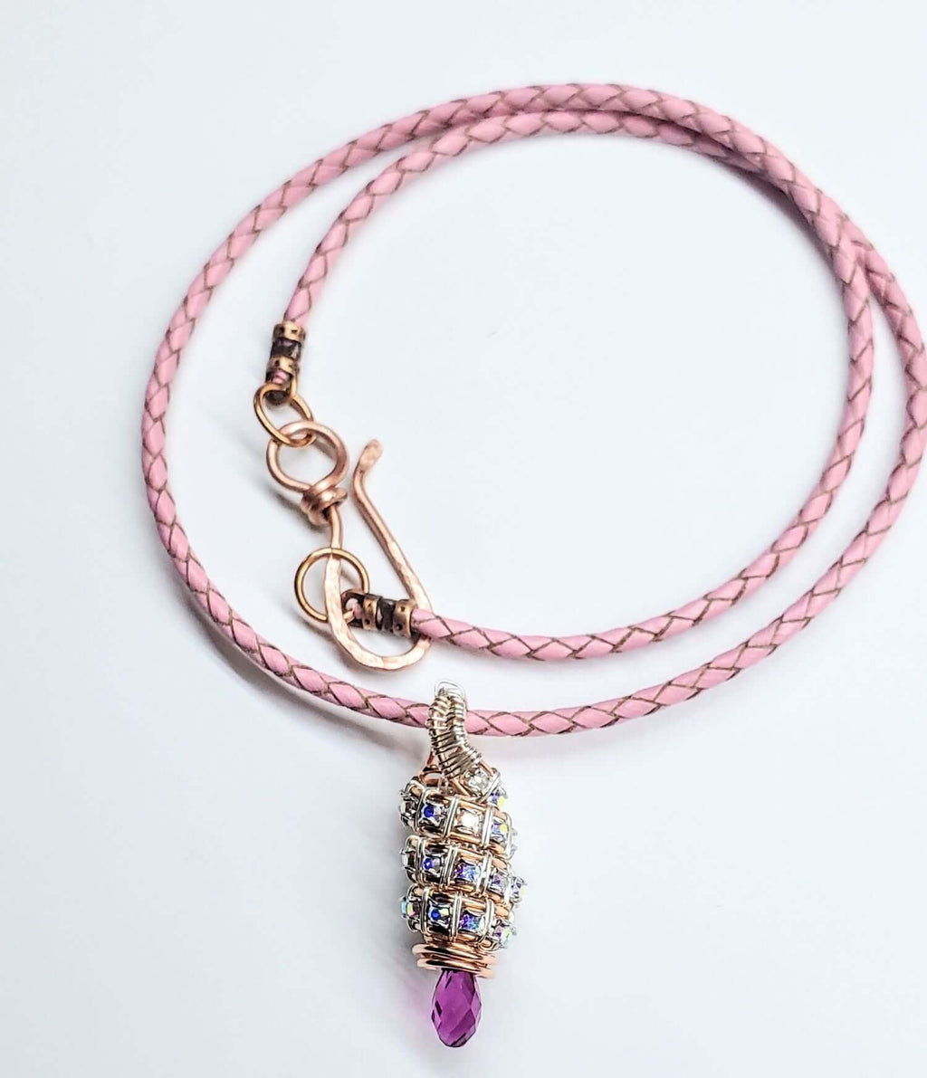 Fuchsia Crystal Drop Pendant Necklace Copper Silver Tubular