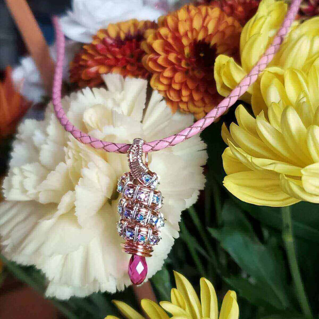 Fuchsia Crystal Drop Pendant Necklace Copper Silver Tubular