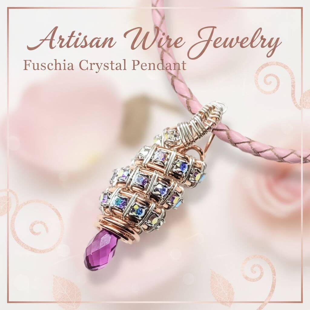 Fuchsia Crystal Drop Pendant Necklace Copper Silver Tubular